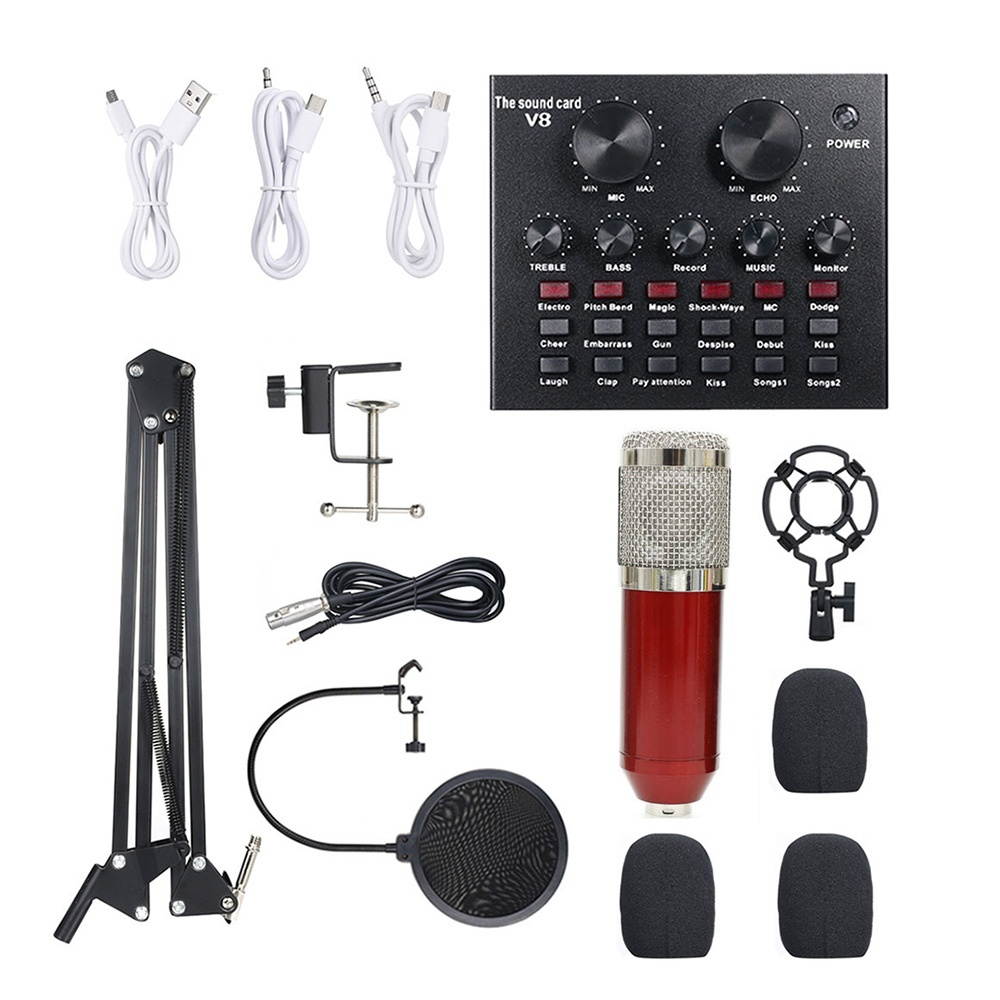 Multi-functional Live Sound Card + Microphone Kit Suspension Transmission Recording Condenser Microphone Set (Black & Silver)