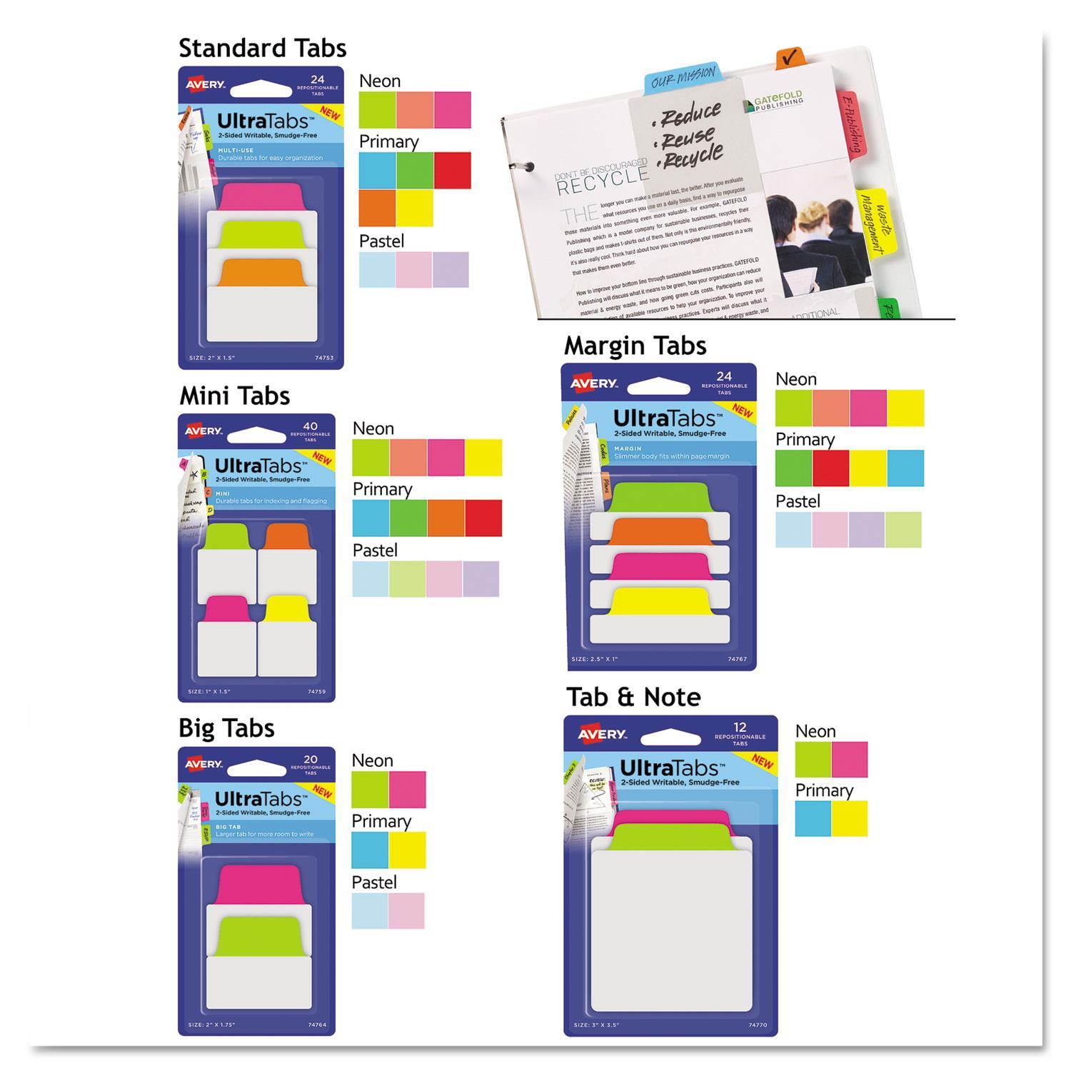 Ultra Tabs Repositionable Tabs, 2 X 1 1/2, Pastel: Blue, Pink, Purple, 48/pack