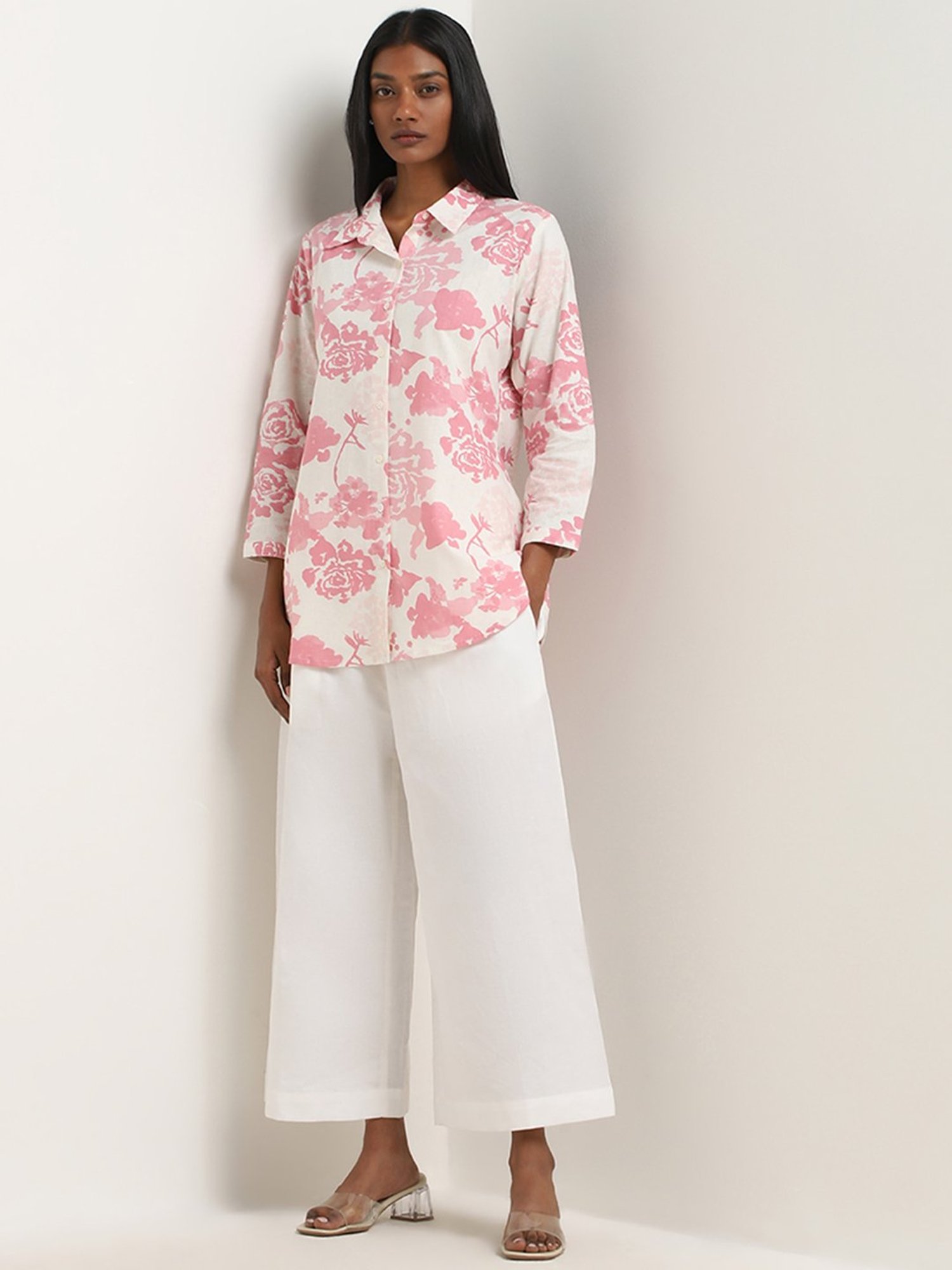 Zuba by Westside Pink Rose Pattern Straight Cotton Tunic