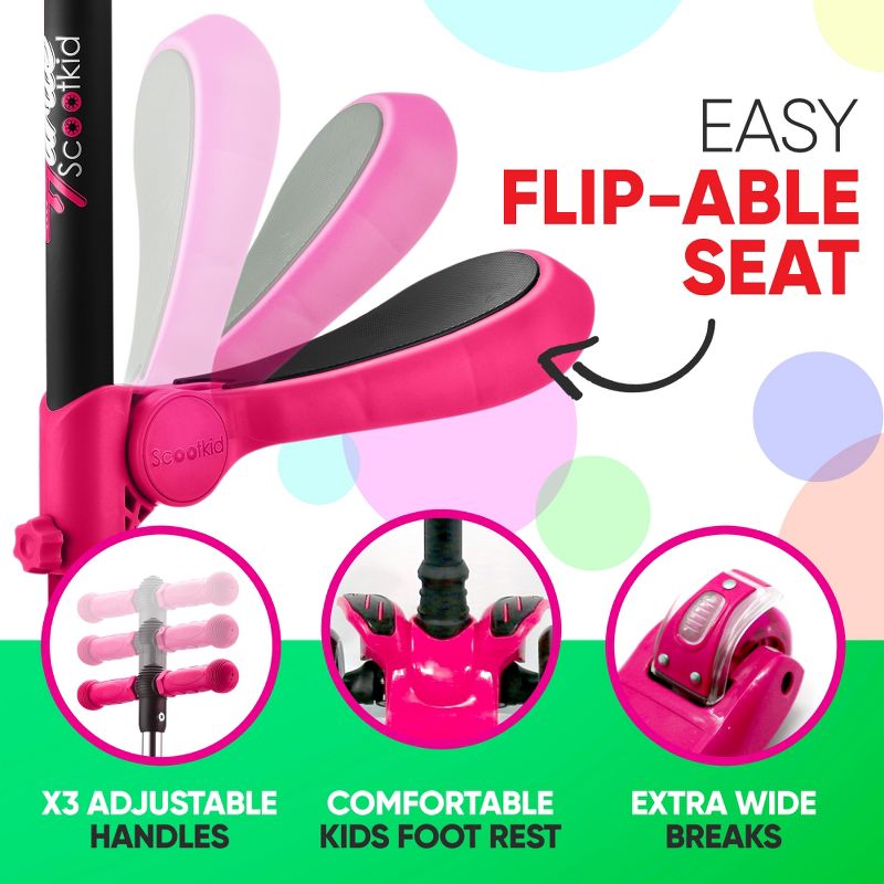 Hurtle ScootKid 3 Wheel Toddler Child Mini Ride On Toy Tricycle Scooter with Adjustable Handlebar, Foldable Seat, and LED Light Up Wheels, Pink