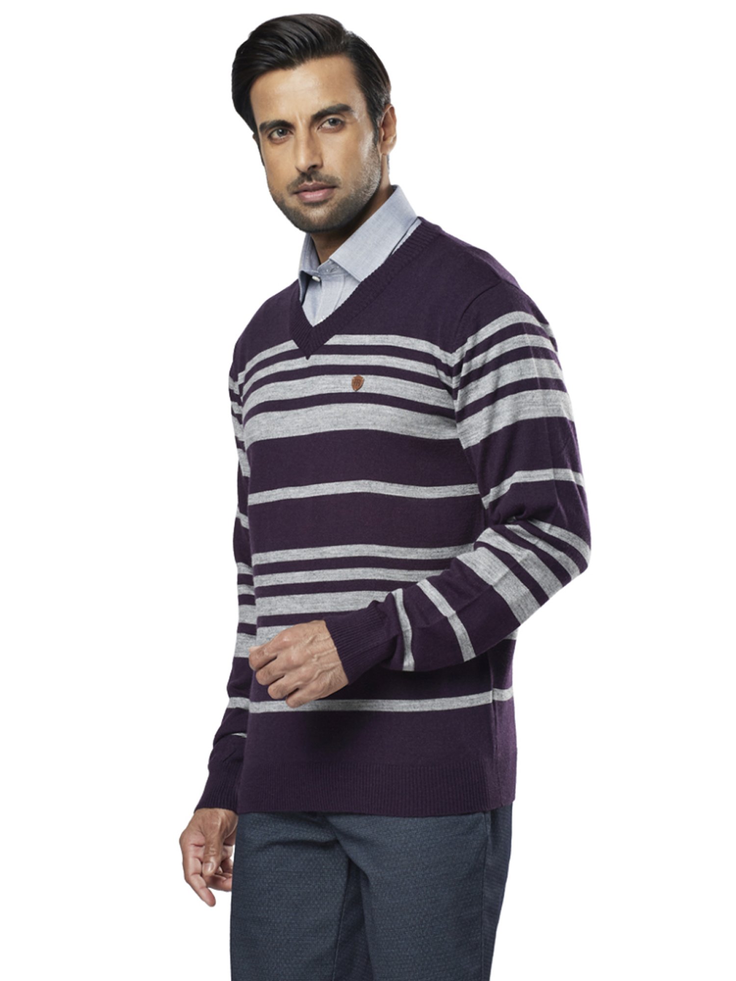 Raymond Purple  Regular Fit Striped Sweaters