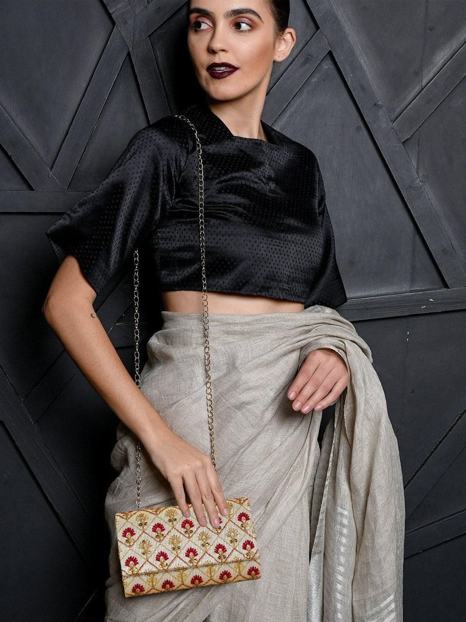 Spice Art Maroon Gold Embroidered Medium Clutch