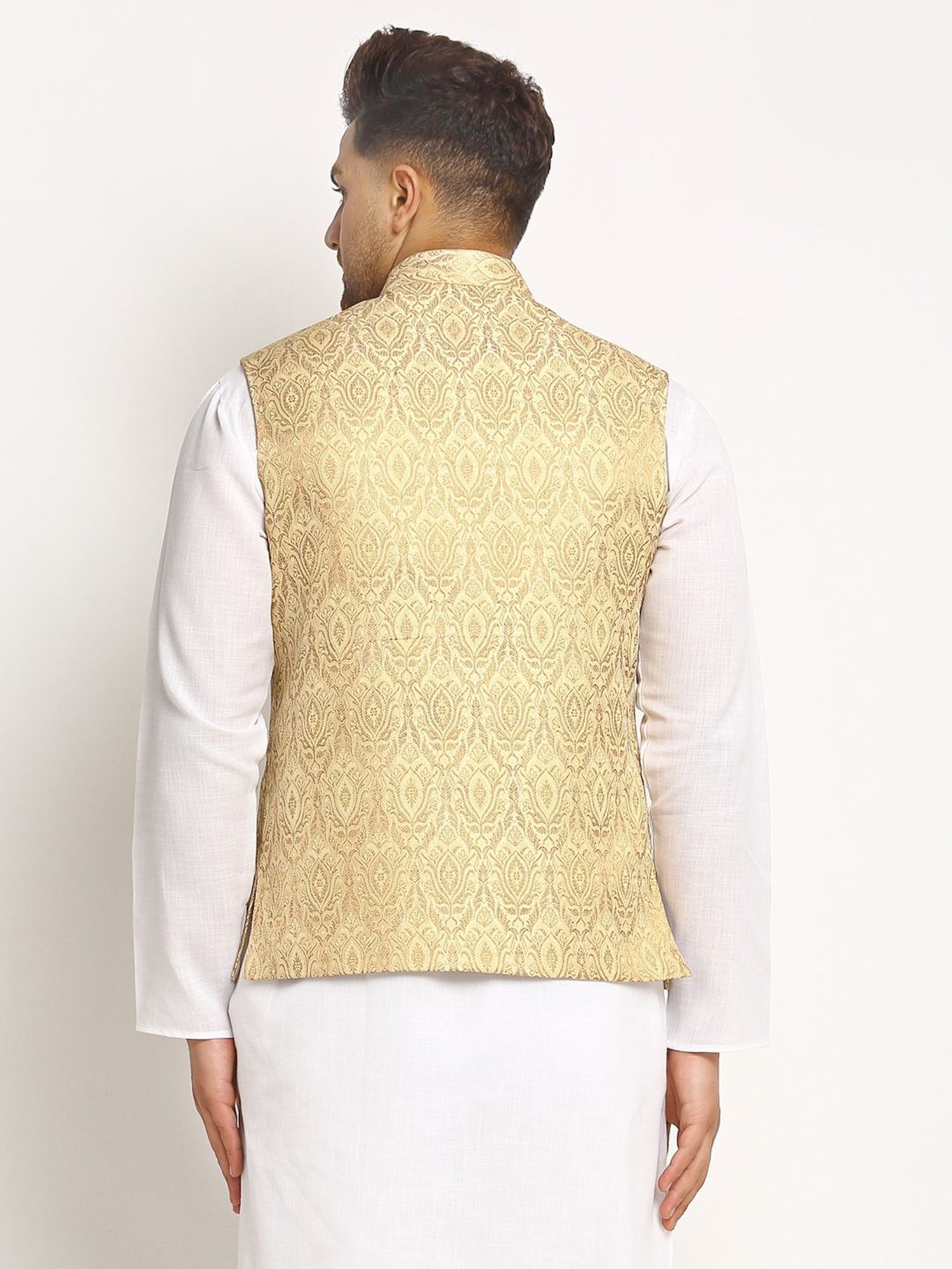 Treemoda Light Golden Regular Fit Self Pattern Nehru Jacket