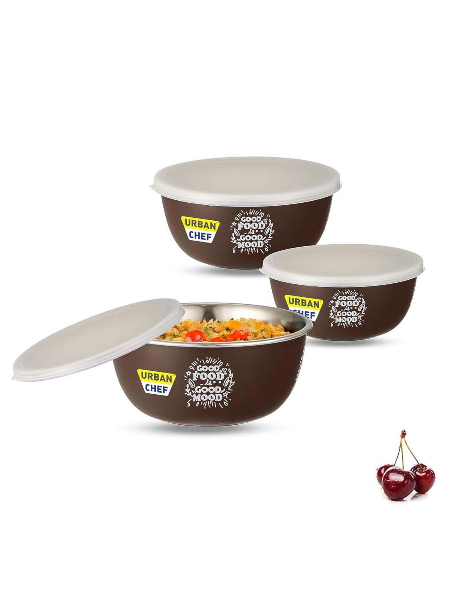 Urban Chef Brown Stainless Steel Microwave Safe Serving Bowl With Lid - Set of 3