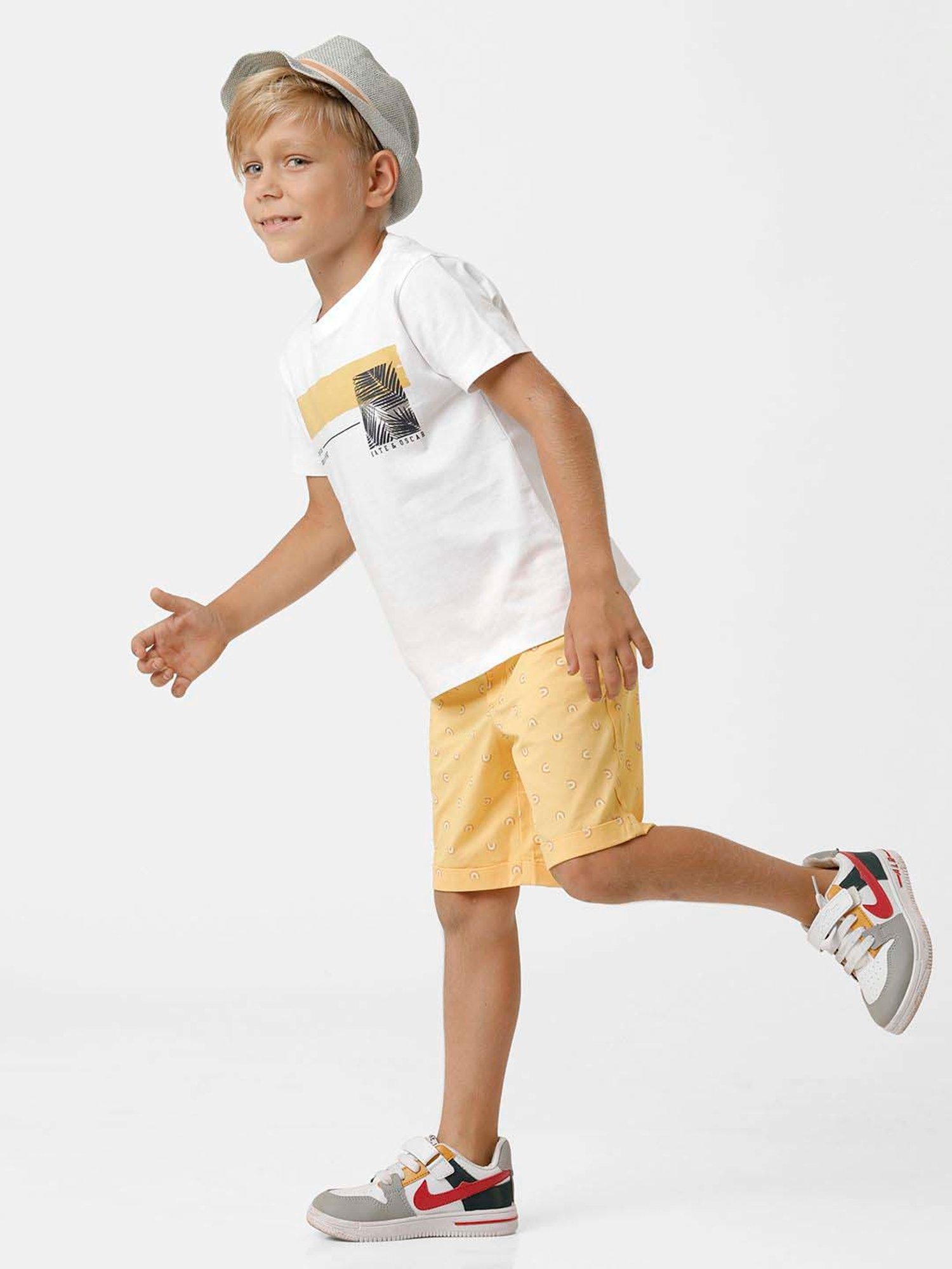 Kate & Oscar Kids White & Yellow Cotton Printed T-Shirt