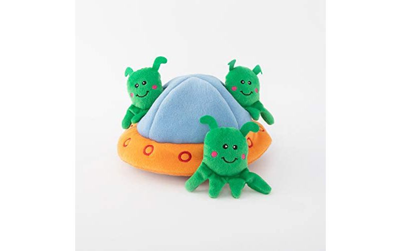 ZippyPaws - Zippy Burrow - Interactive Squeaky Hide and Seek Plush Dog Toy - Aliens in UFO