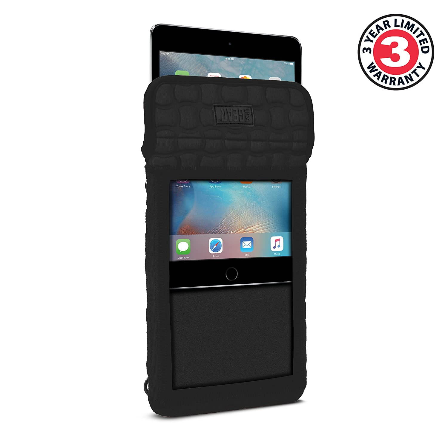 USA Gear Tablet Holder Case Compatible with iPad Mini 4 - Travel Bag Carry Cover with Built-in Capacitive Screen Protector & Adjustable Shoulder Carrying Strap fits iPad Mini Tablets (Black)