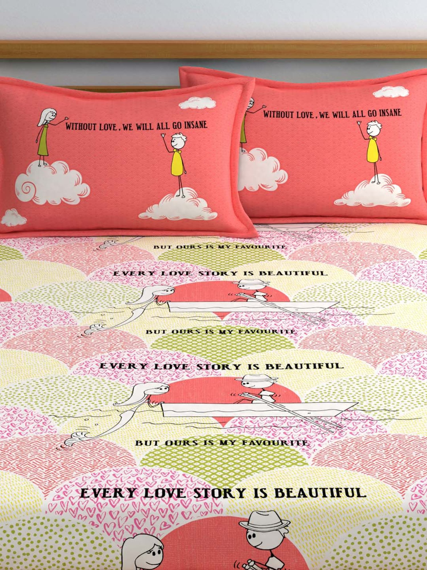My Room Peach & Green 210 TC Cotton Bed Sheet Set
