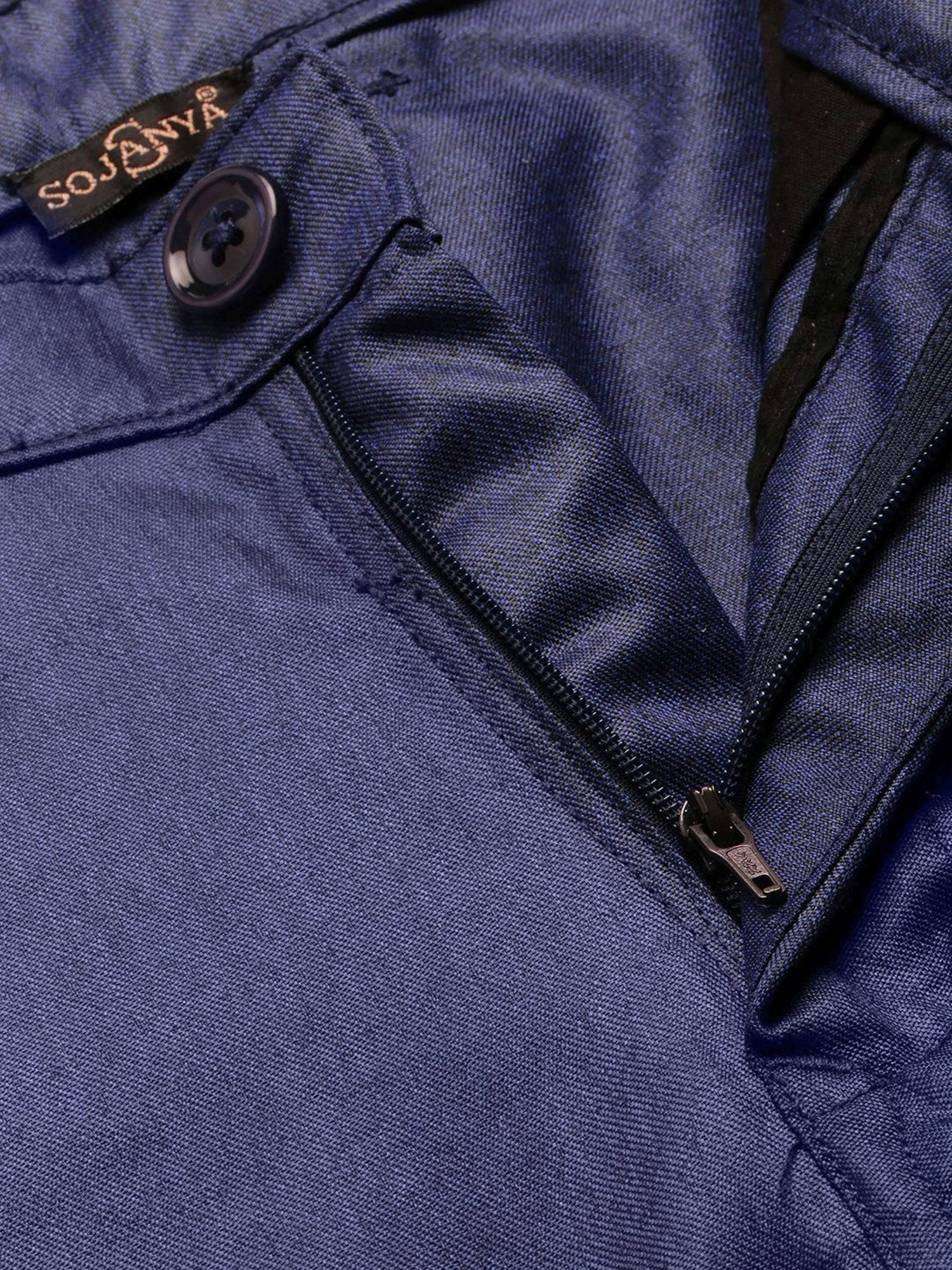 Sojanya Navy Cotton Regular Slim Fit Self Pattern Flat Front Trousers