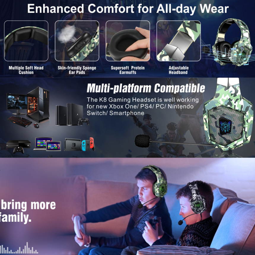 K8 head-mounted camouflage gaming headset luminous student computer PS4 headset color change brightness headphones speakers