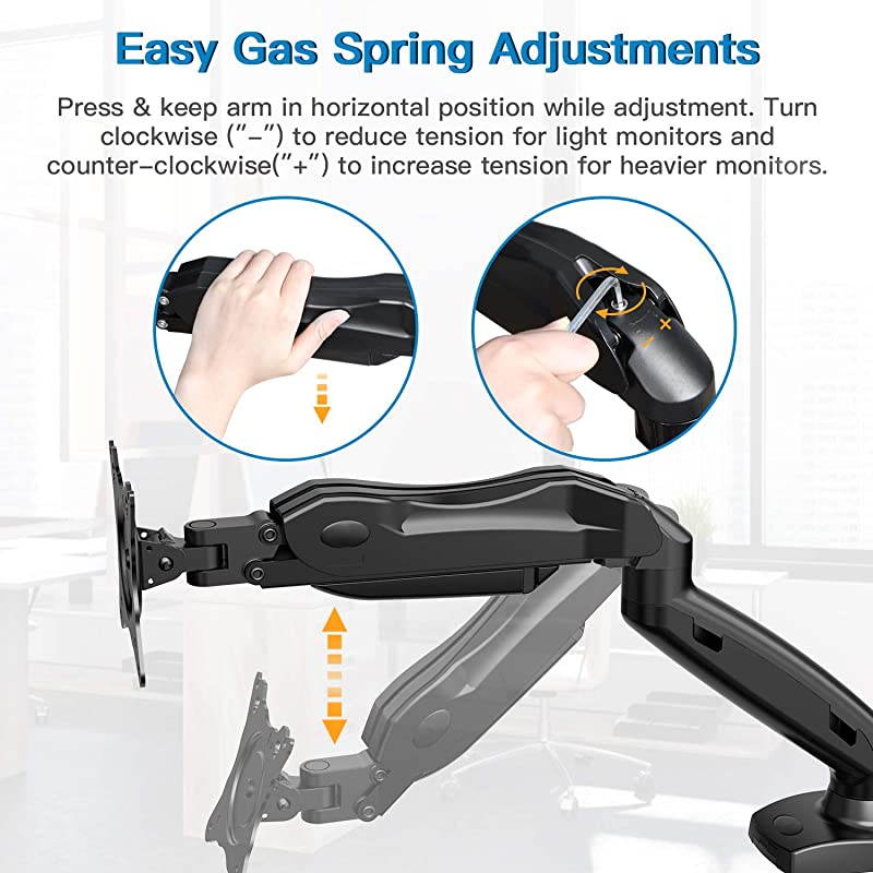 Monitor Mount Articulating Gas Spring Monitor Arm Adjustable VESA Mount Desk Stand with Clamp and Grommet Base Fits 17 to 27 Inch LCD Computer Monitors 44 to 143lbs