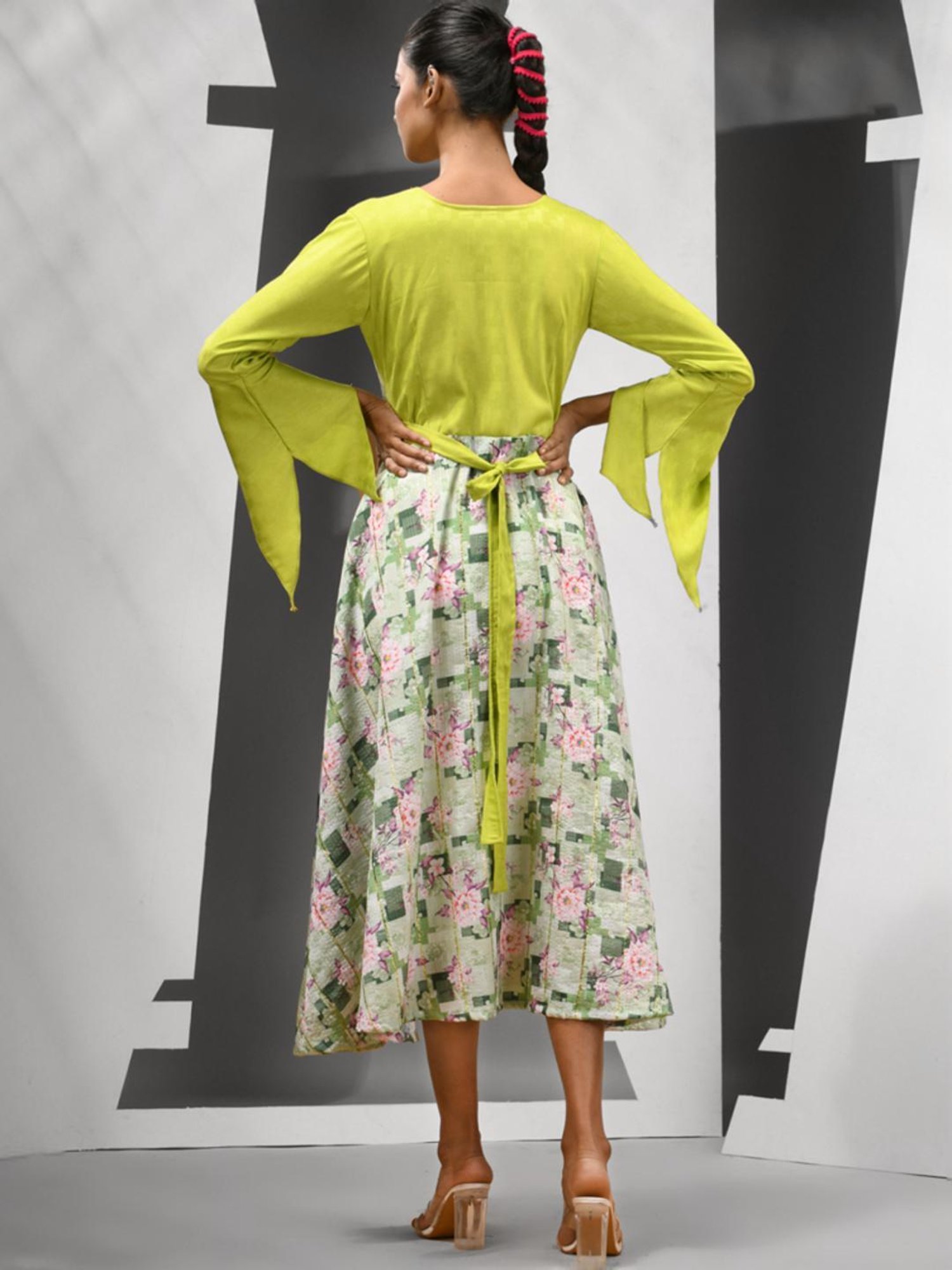 Charukriti Lime Green Floral Print A-Line Dress