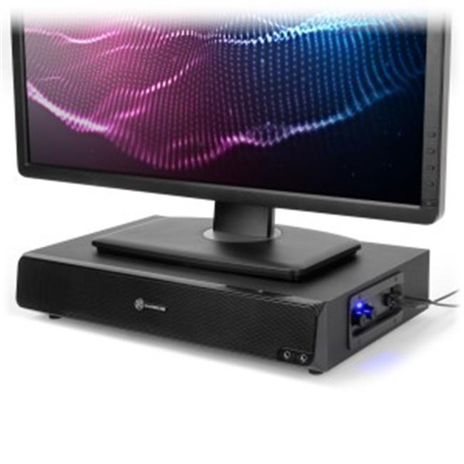 GOgroove USB Computer Speaker and Monitor Stand - SonaVERSE BSE Sound Base with Built-in Subwoofer and 3" Desk Monitor Riser 2-in-1 System, Microphone and Headphone Jack, Volume and Bass Controls