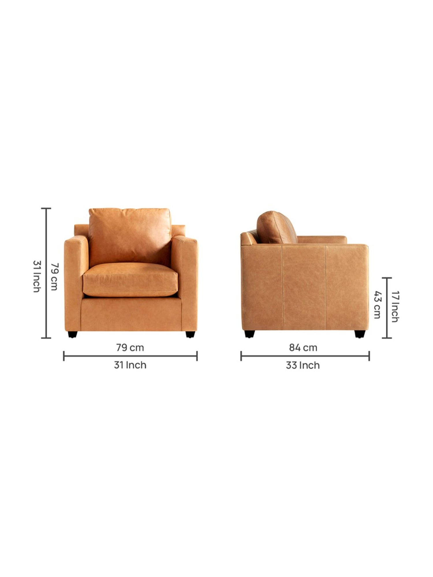 Trevi Olive Orange Leather & Neem Wood 1 Seater Sofa