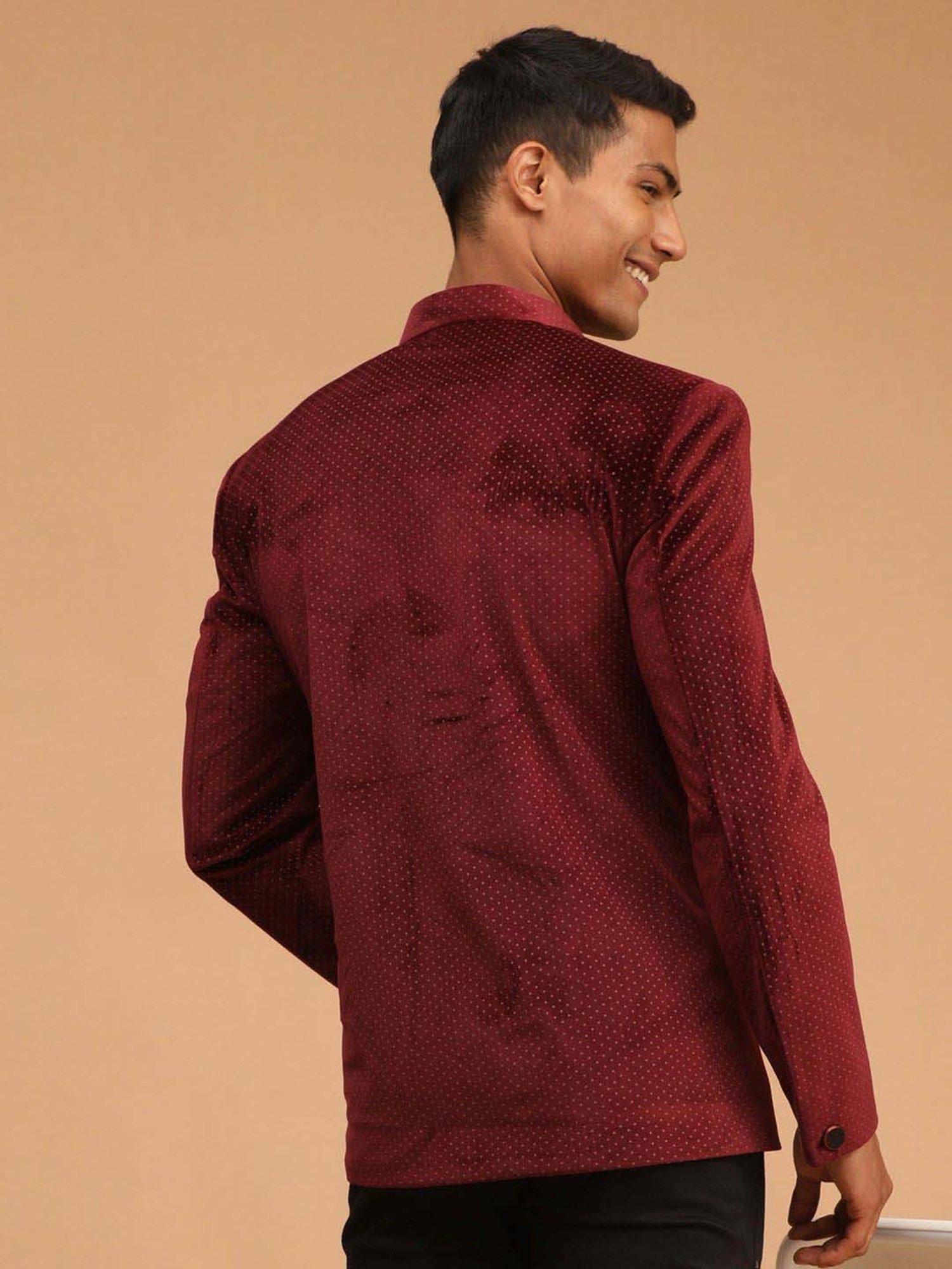 Vastramay Maroon Regular Fit Printed Ethnic Blazer