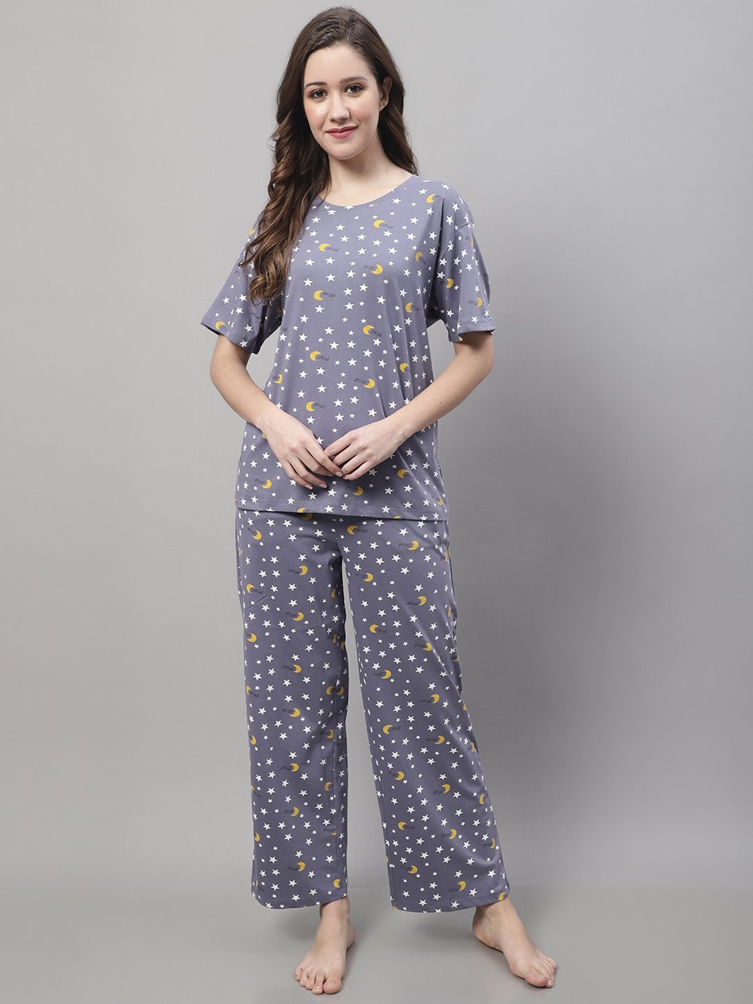 Kanvin Blue Cotton Printed Top Pyjamas Set