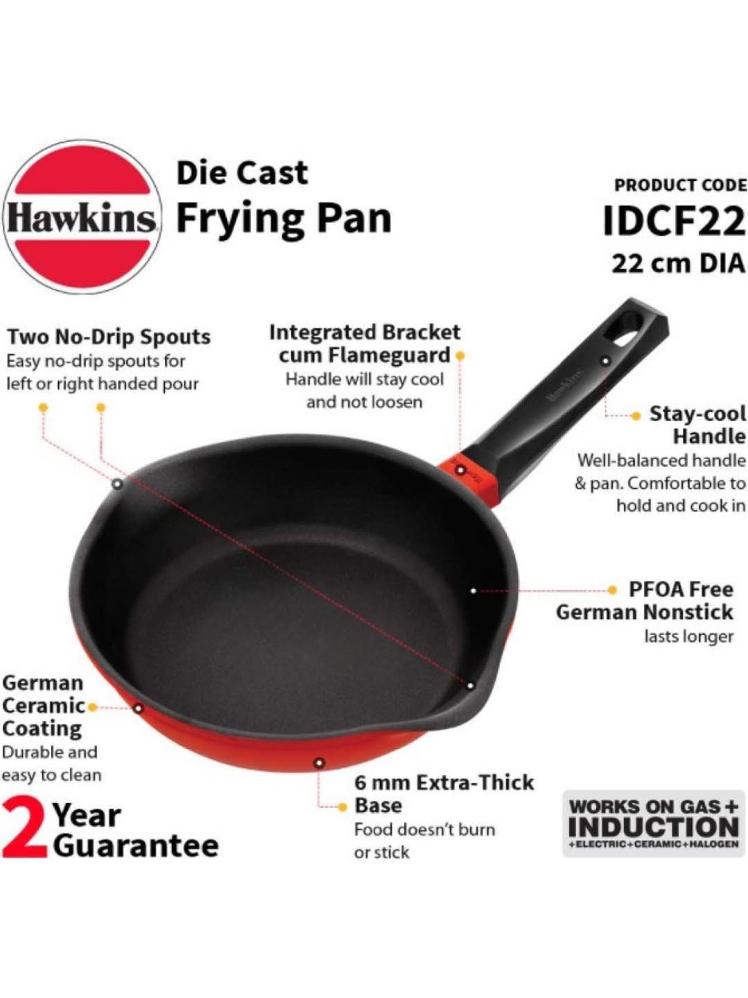 Hawkins Die-Cast Red Aluminium 22 cm Gas Compatible Frying Pan (1 L) - Set of 1
