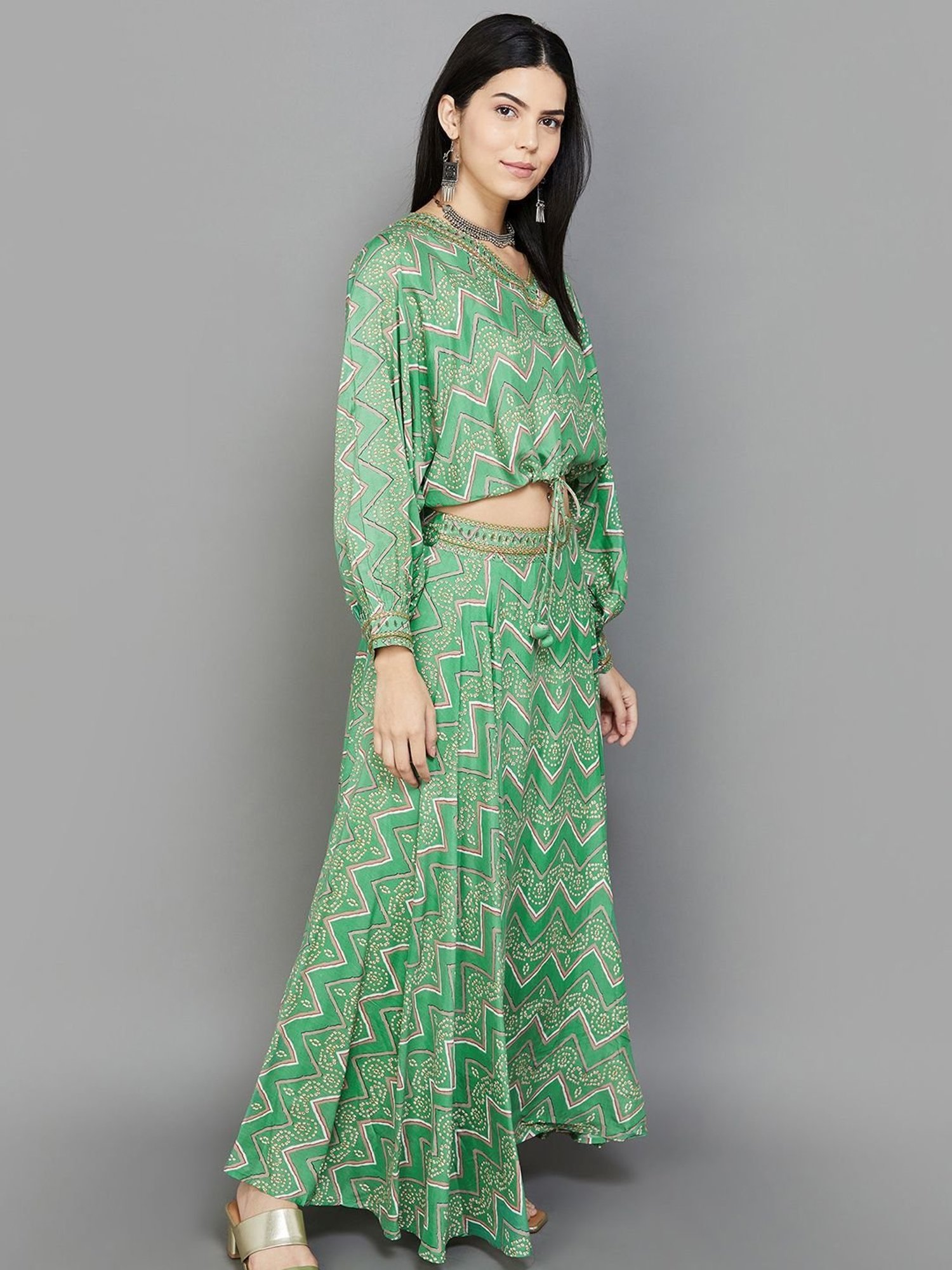 Melange by Lifestyle Green Printed Top Skirt Set