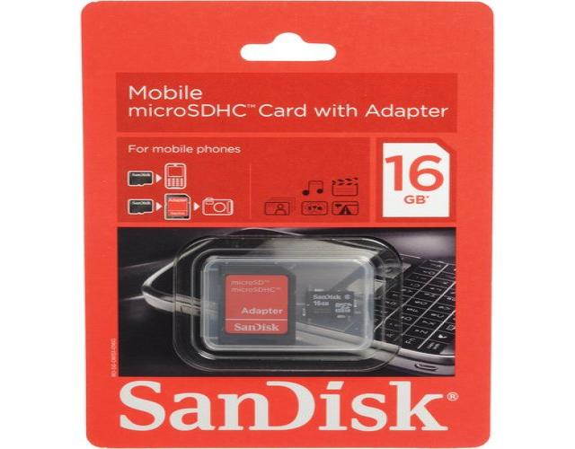 SanDisk microSDHC 16GB Memory Card W/Adapter