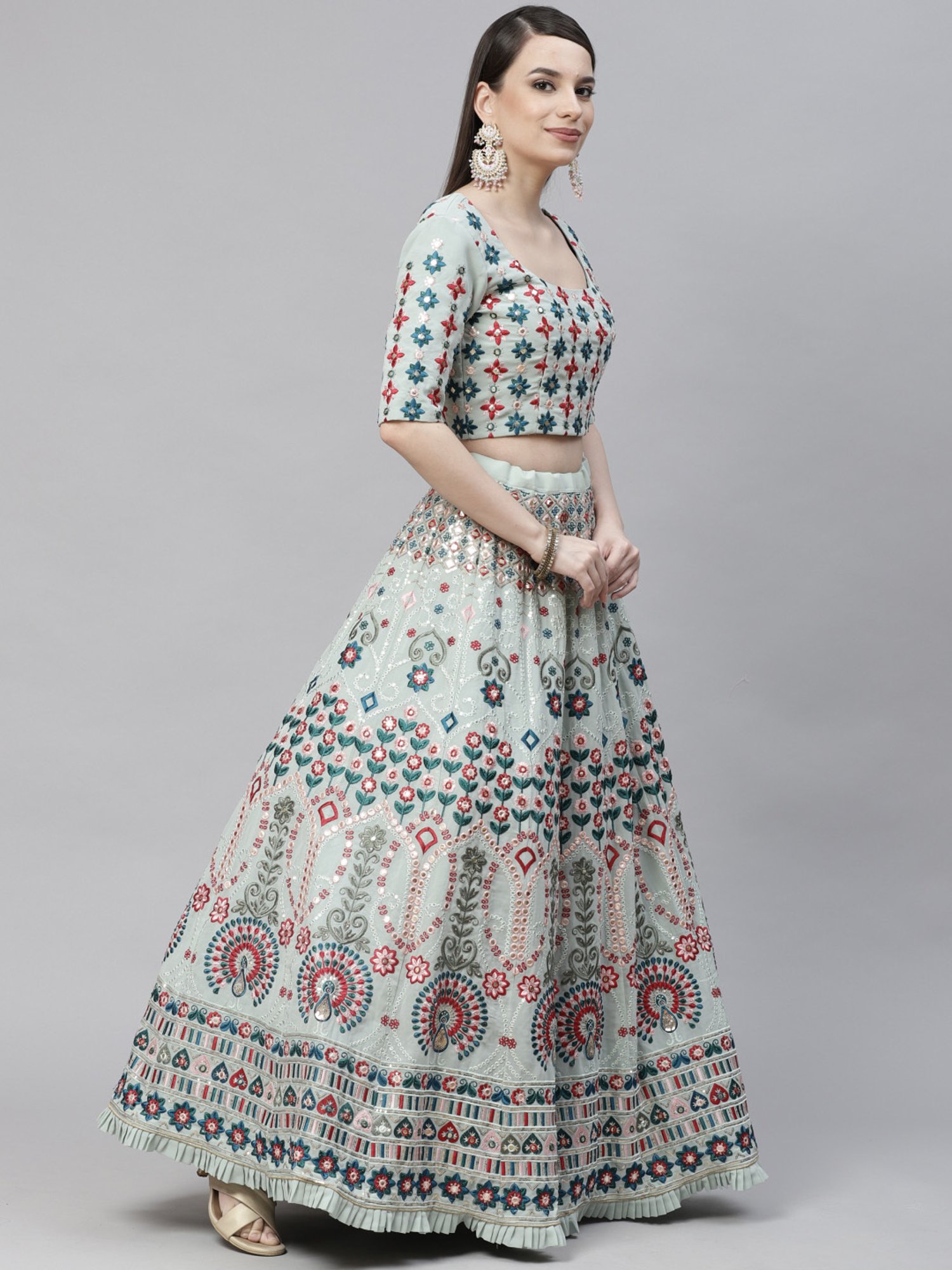 SHUBHKALA Pista Green Embellished Lehenga and Choli Set With Dupatta