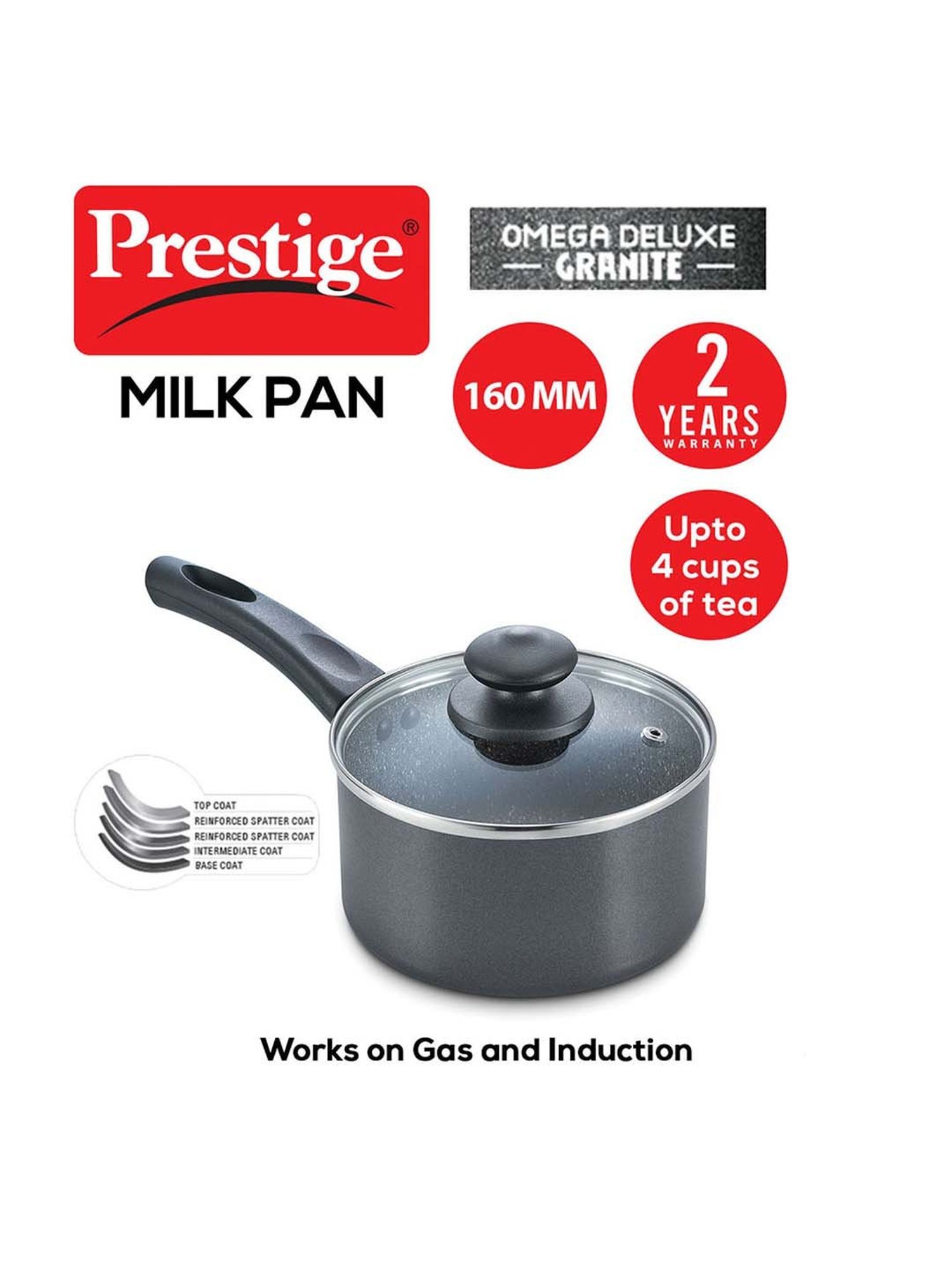 Prestige Omega Black Deluxe Granite 160 mm Milk Pan with Lid - Set of 1