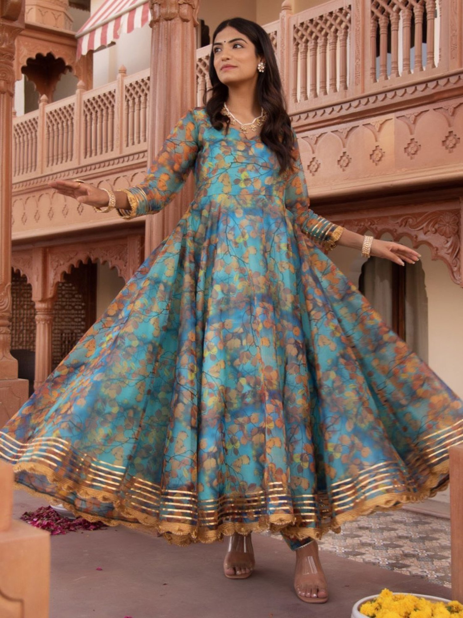 Calmna Fall Blue Organza Gotapatti Anarkali Suit Set