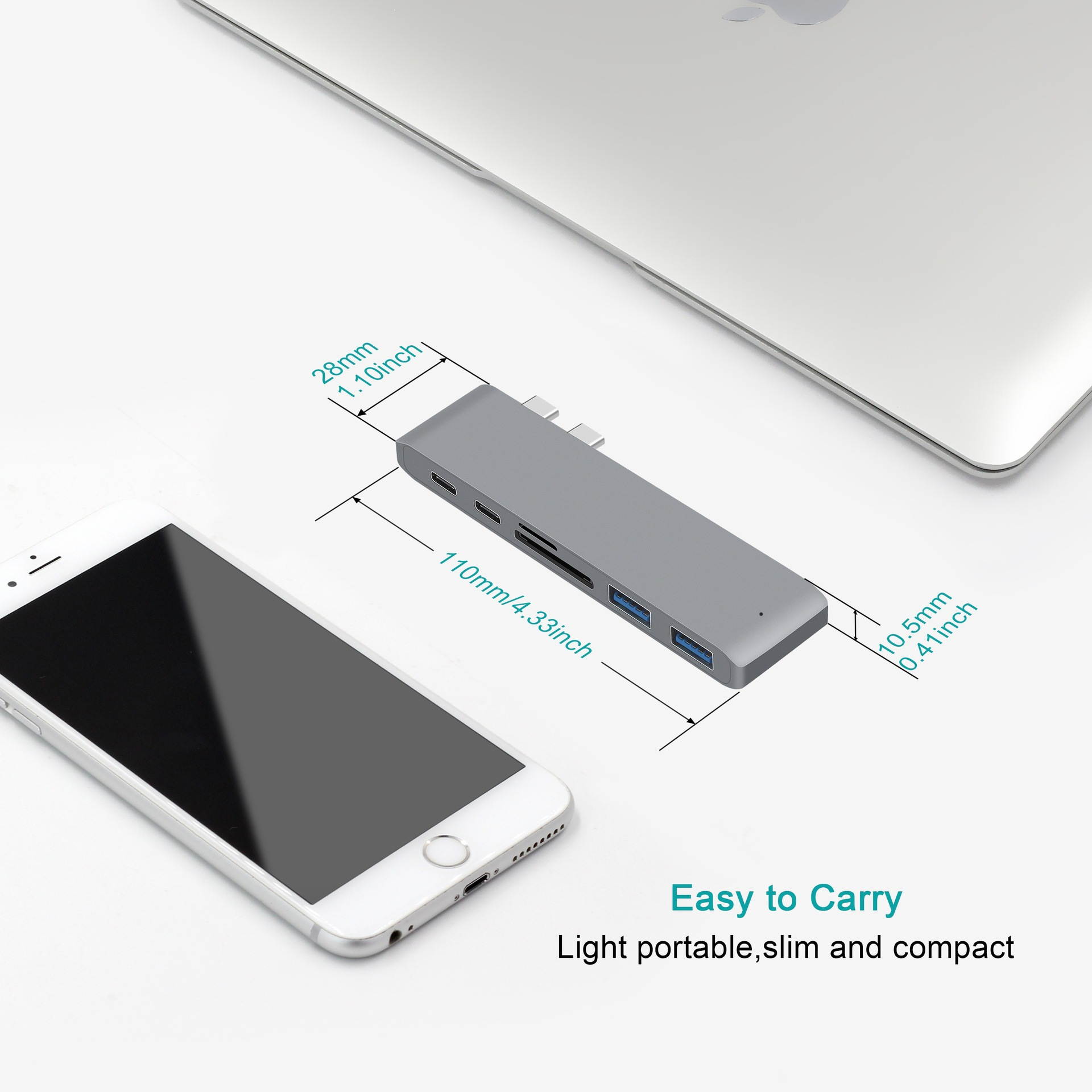 Wanmingtek USB C Hub, 6 in 1 Type C Adapter, Compatible with MacBook air 2016/2017/2018,Apple MacBook Pro 2018, 2017, 2016, 40Gbps, 2 USB 3.0 Ports, 1 USB 3.1 Port, SD/Micro Card Reader - Gray