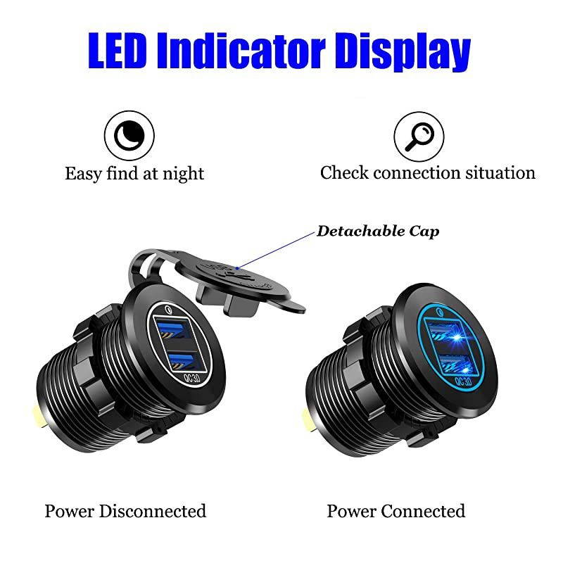 36W Quick Charge 3.0 Dual USB Car Charger Socket, Metal Waterproof 12V USB Outlet with Blue LED & 10A Fuse for 12V/24V Marine Boat Golf Cart Truck Motorcycle and More