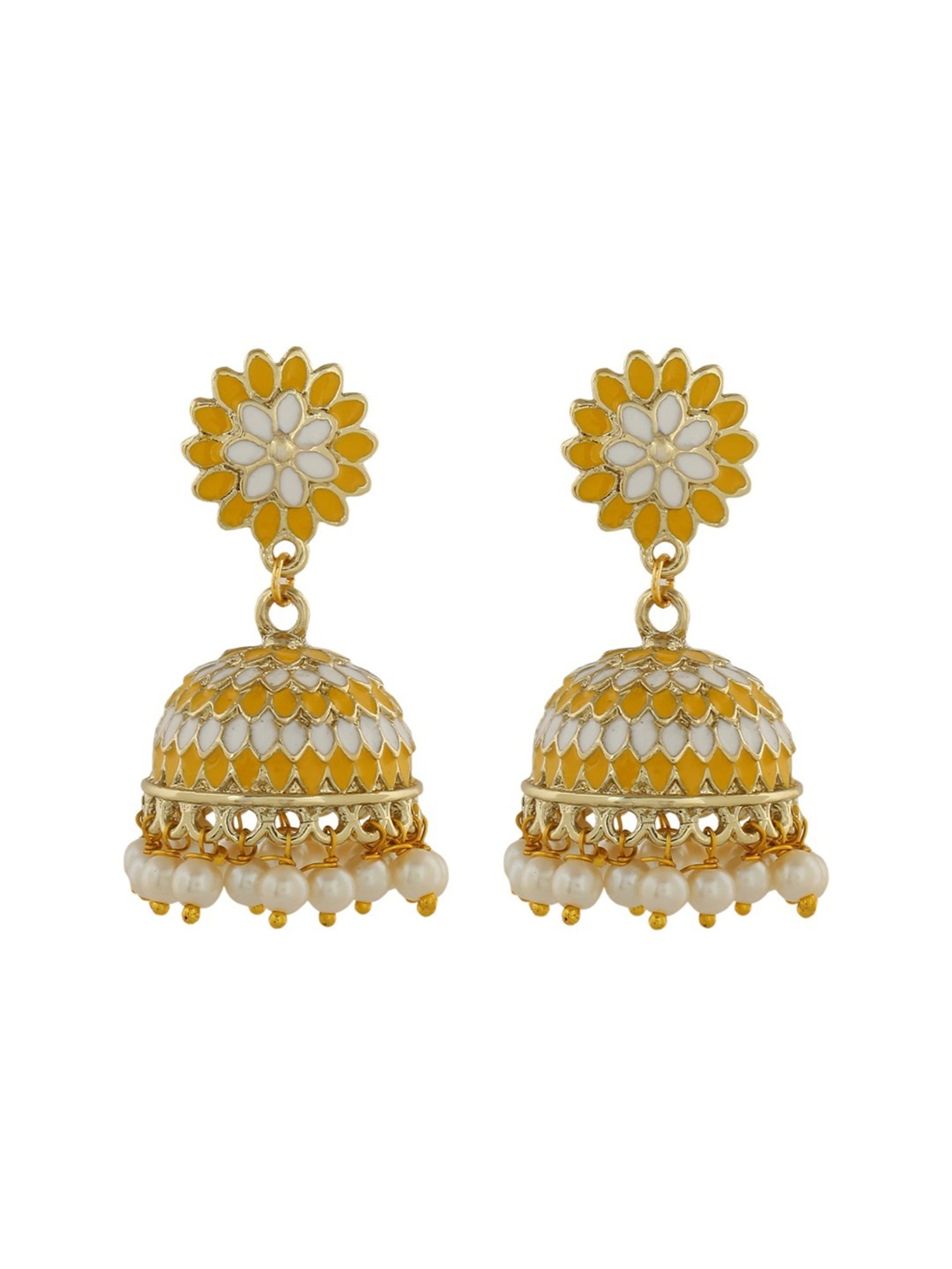 Estele Gold-Plated Traditional Yellow Meenakari Jhumki Earrings