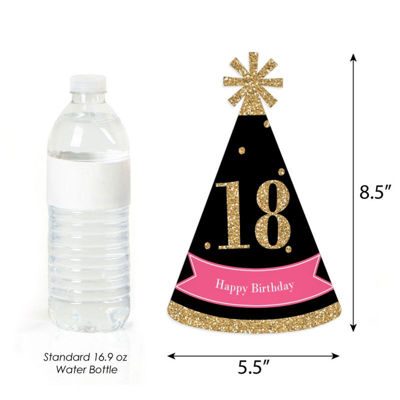 Big Dot of Happiness Chic 18th Birthday - Pink, Black and Gold - Cone Happy Birthday Party Hats for Kids and Adults - Set of 8 (Standard Size)
