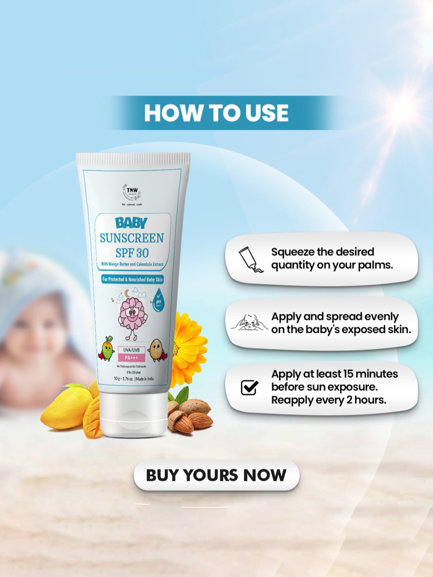 TNW-The Natural Wash Baby Sunscreen SPF 30 - 50 gm