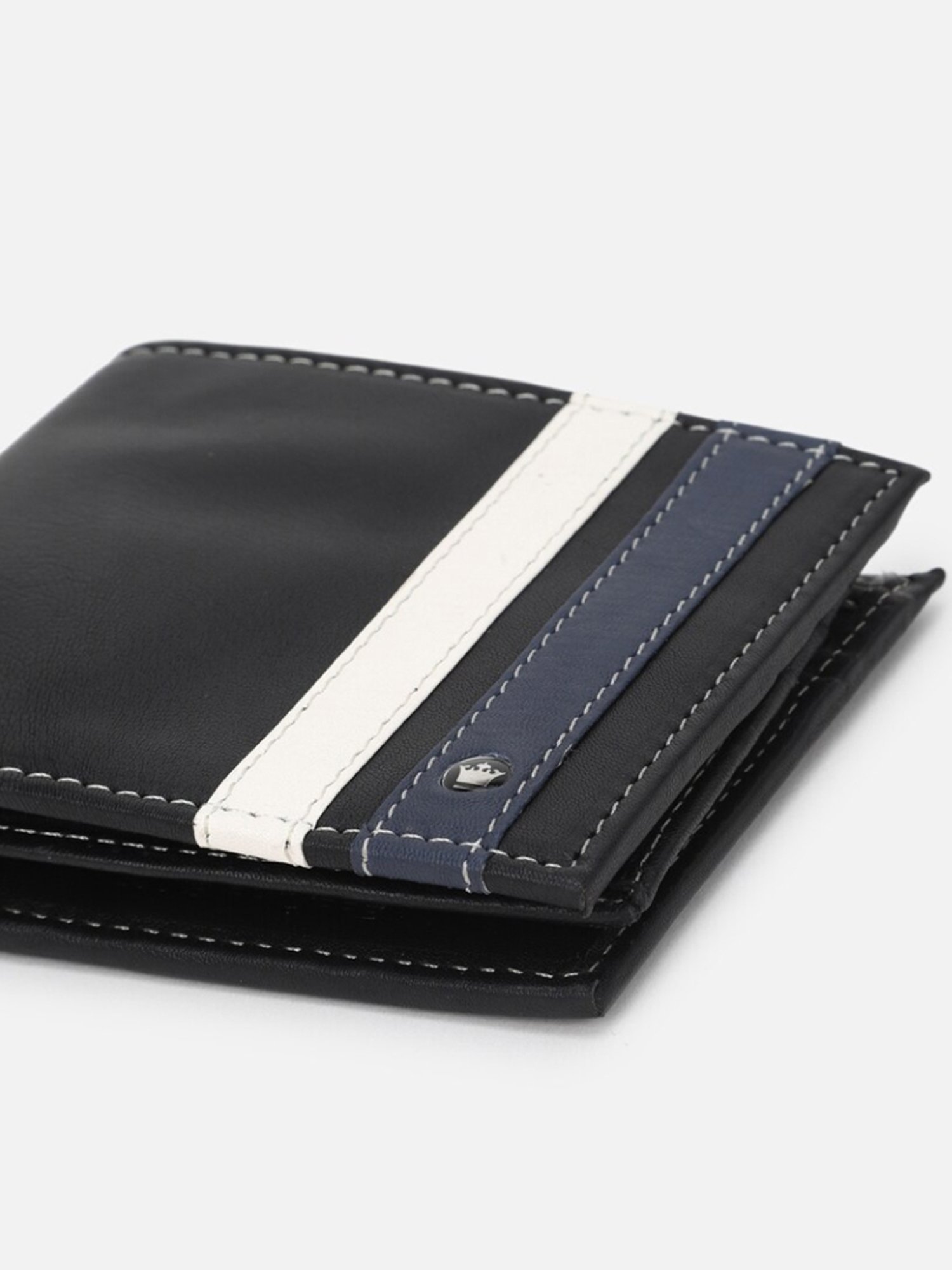 Louis Philippe Black & Blue Leather Paneled Bi-Fold Wallet