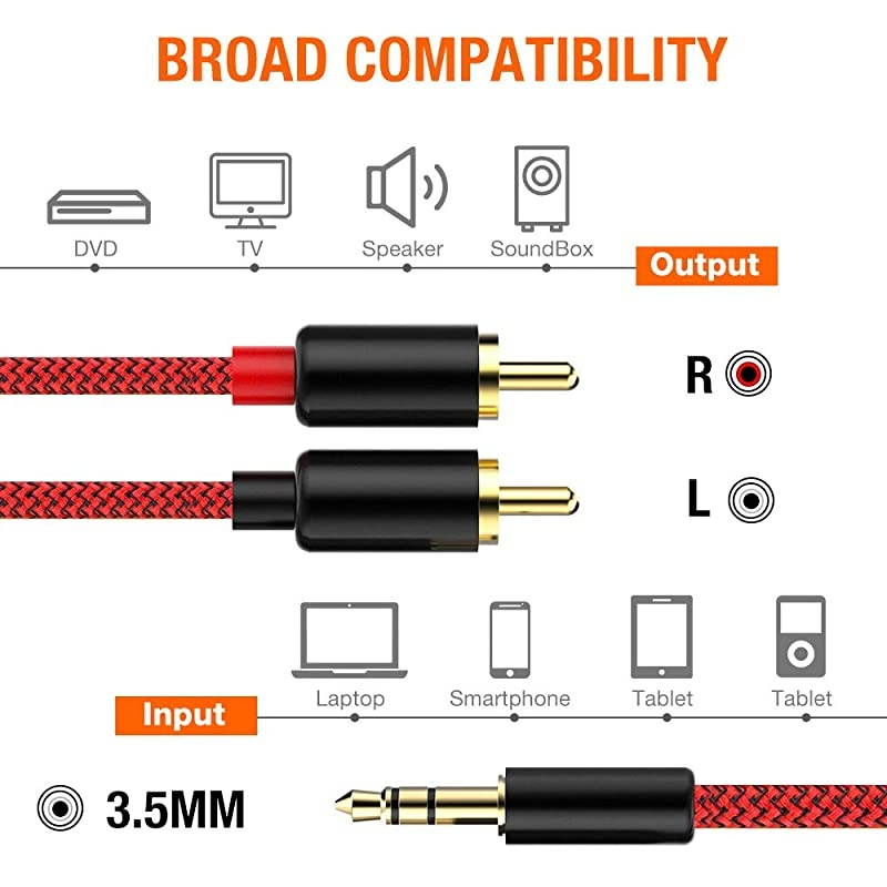 2 Pack RCA Cable  RCA to 35mm 6ft 18M HiFi Sound NylonBraided RCA to AUX Audio Cable Compatible with DJ Controller Speaker Turntable TV Car Stereo HiFi Amplifer Phone Red