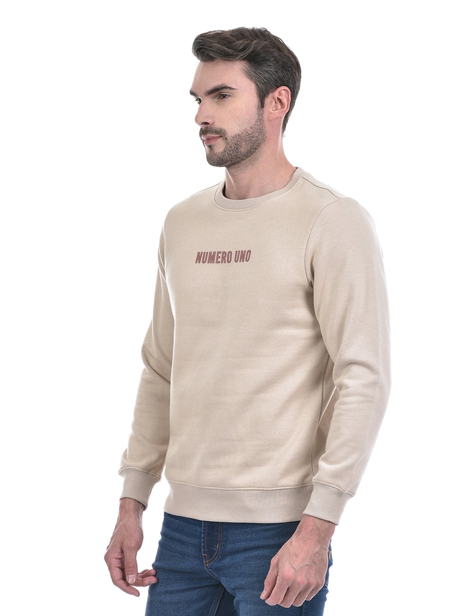 NUMERO UNO Beige Regular Fit Solid Round Neck Brushed Fleece Pullovers Sweatshirt