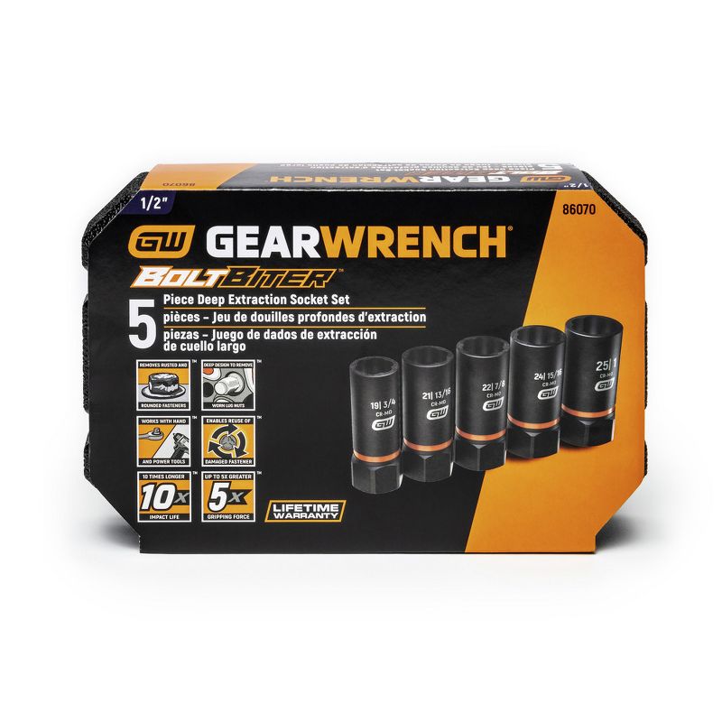 GearWrench 86070 5-Piece Bolt Biter 1/2 in. Drive Deep Extraction Socket Set