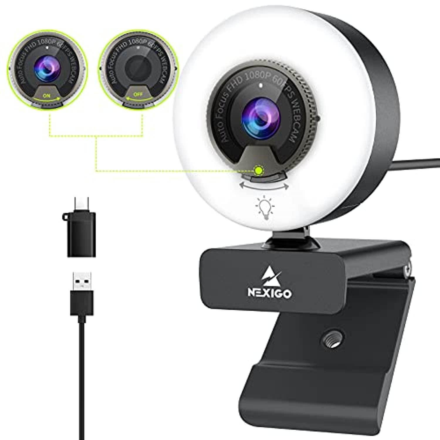60fps 1080p webcam with ring light, fast autofocus, built-in privacy cover, 2021 nexigo n960e usb fhd web computer camera, dual stereo microphone, for zoom meeting skype teams