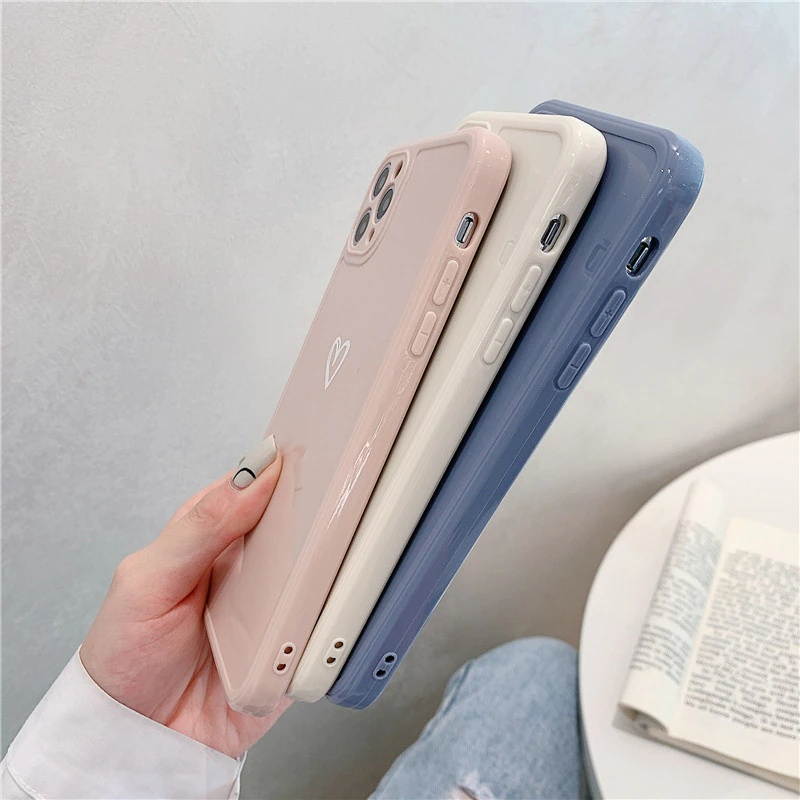 Love Heart Phone Case For iPhone 11 12 Pro Max 7 8 Plus X XR XS Max Candy Color Square Frame Back Cover For iPhone 7 8 Plus
