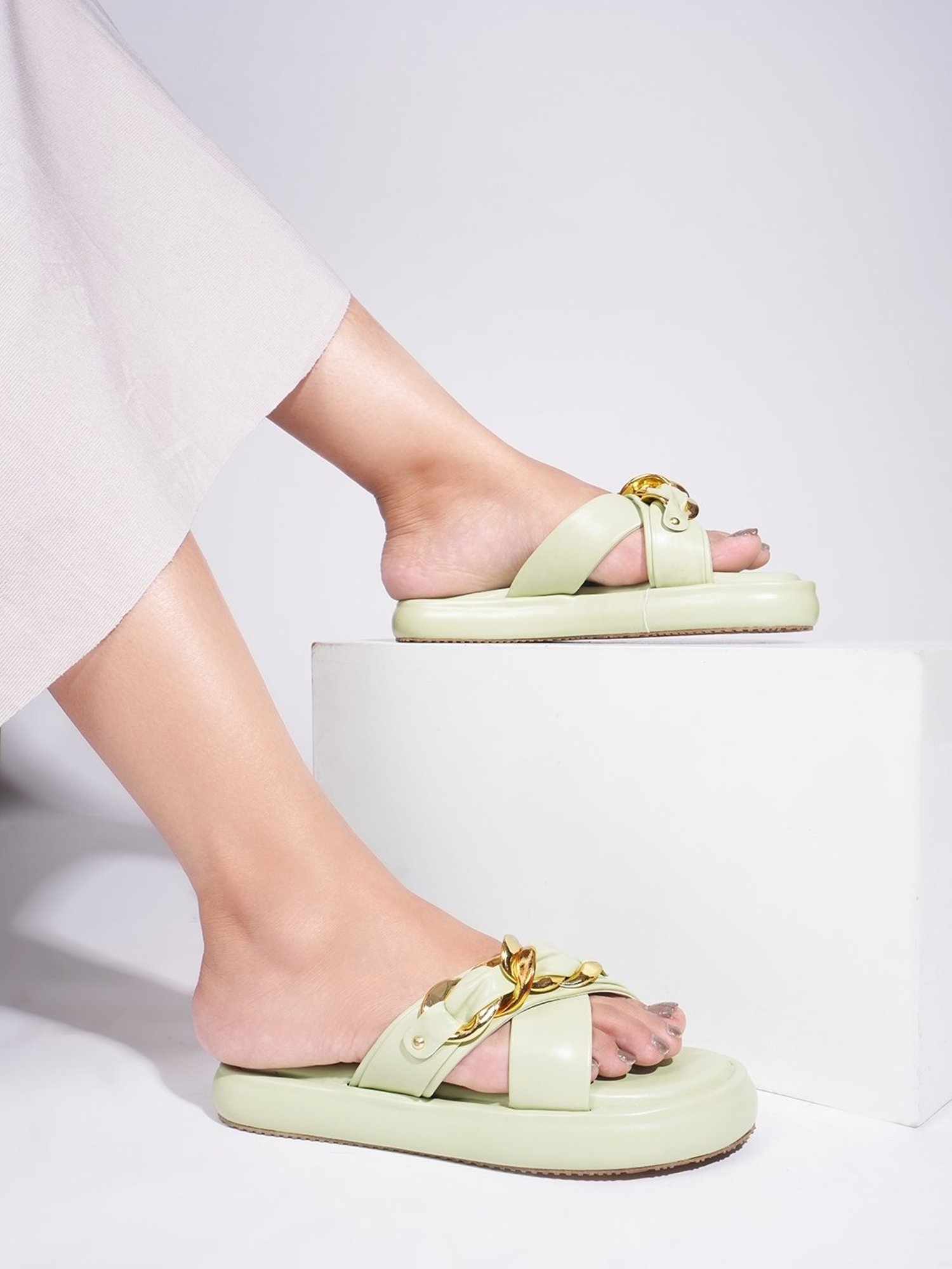 The White Pole Women's Sea Green Cross Strap Sandals
