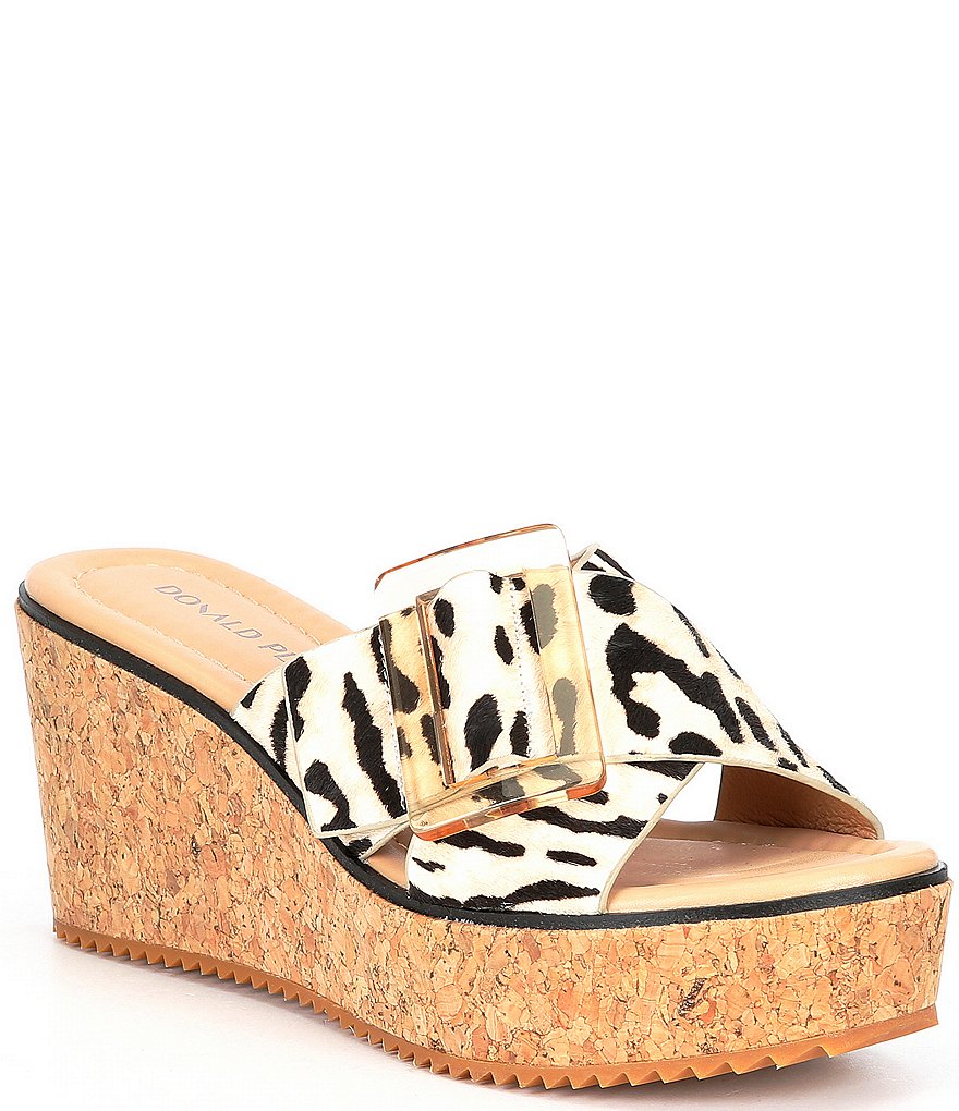 Donald Pliner Illiad Leopard Print Calf Hair Buckled Cork Wedge Slides