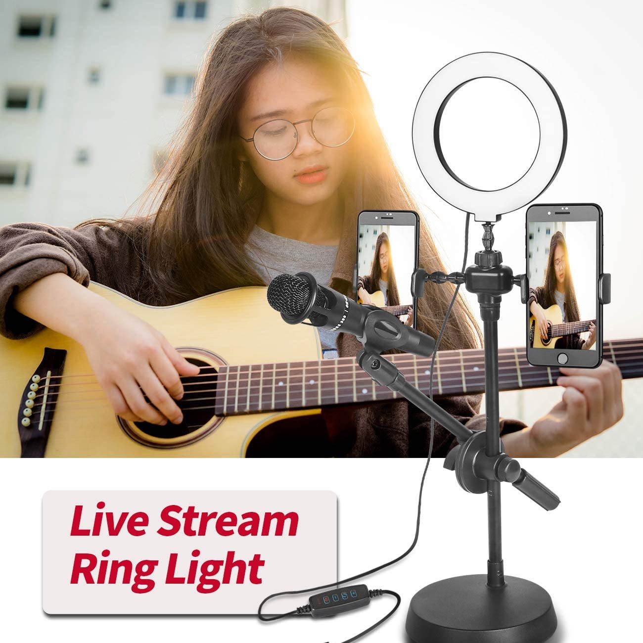 Selfie LED Lights, Dimmable LED USB Clamp Desk Light for Selfie Ring Light with Phone Holder and Microphone Stand 3 Light Modes 10 Brightness Level for Video Live Stream Broadcast USB Powered