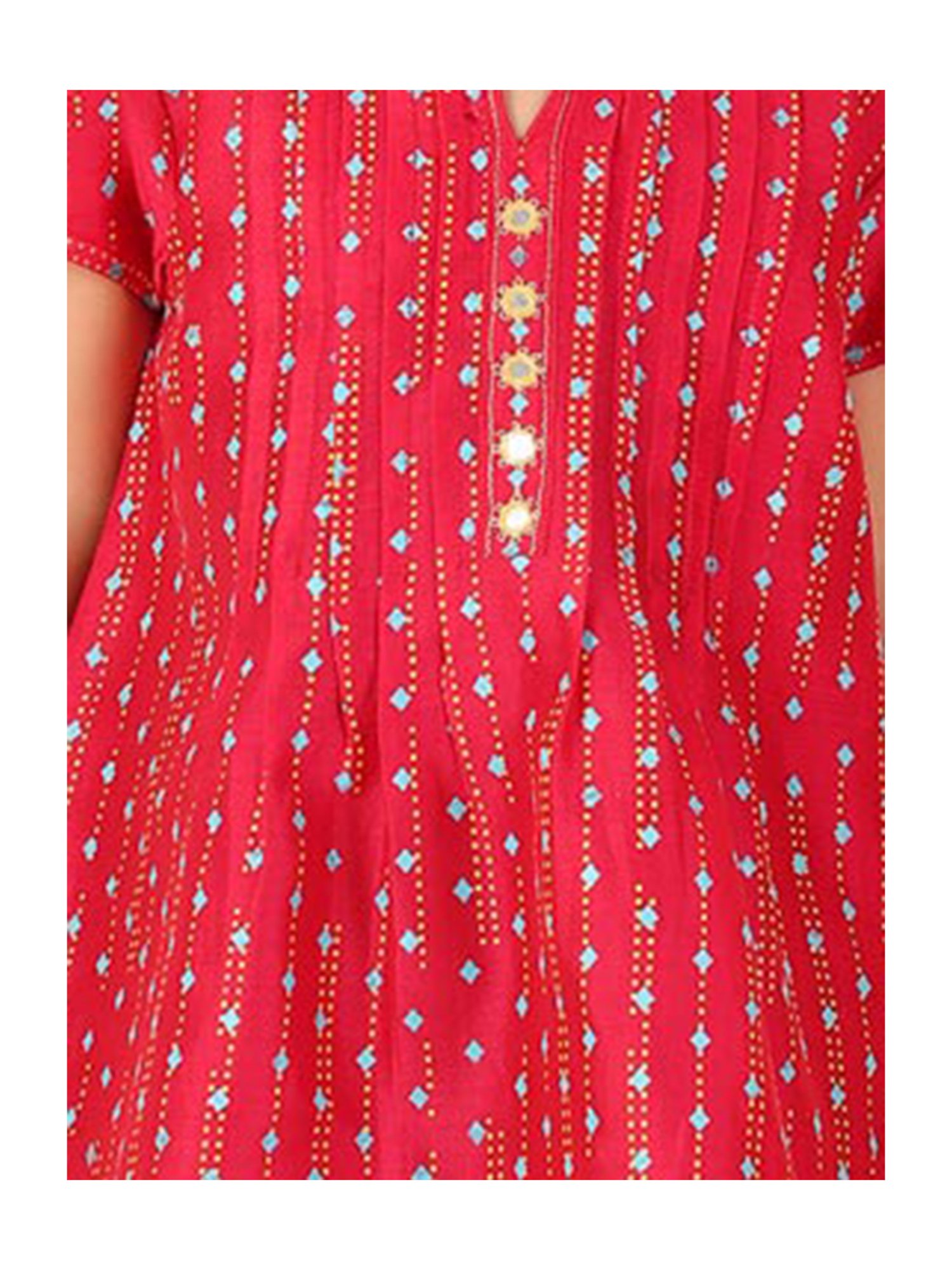 Fabindia Kids Red & Turquoise Printed Kurta With Salwar