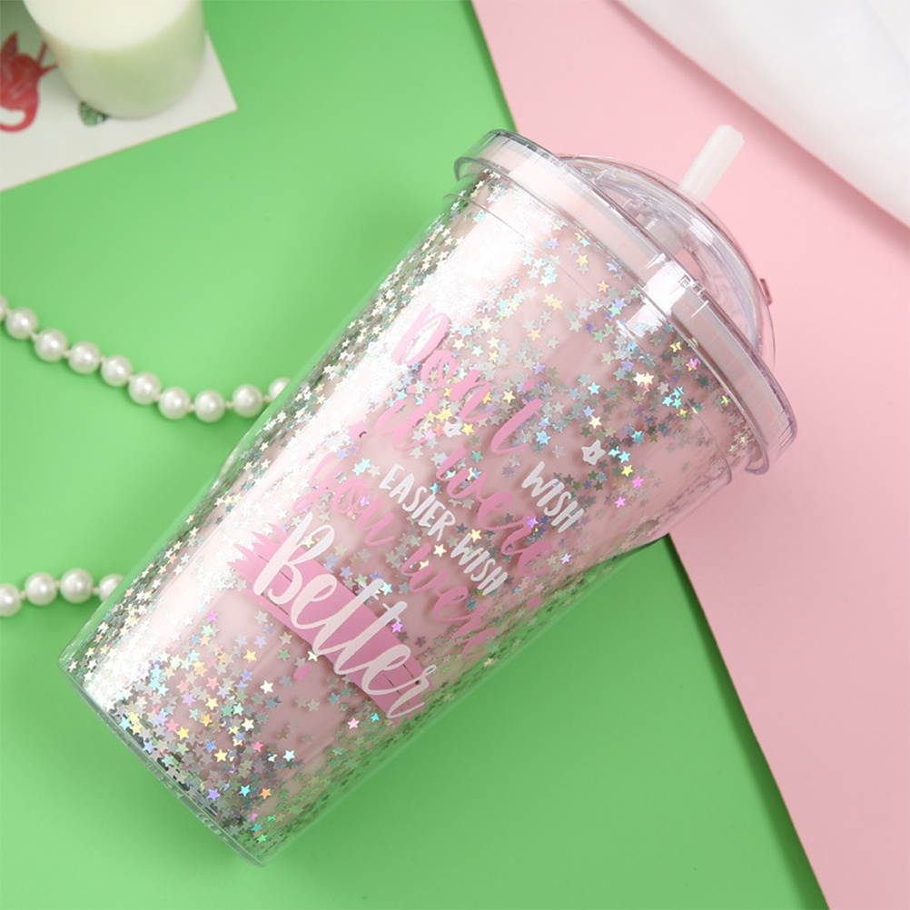 1pc Plastic Straw Cup Cartoon Mug Double-layer Sippy Cup Portable Drinking Bottle for Women Girls Students (400ML)