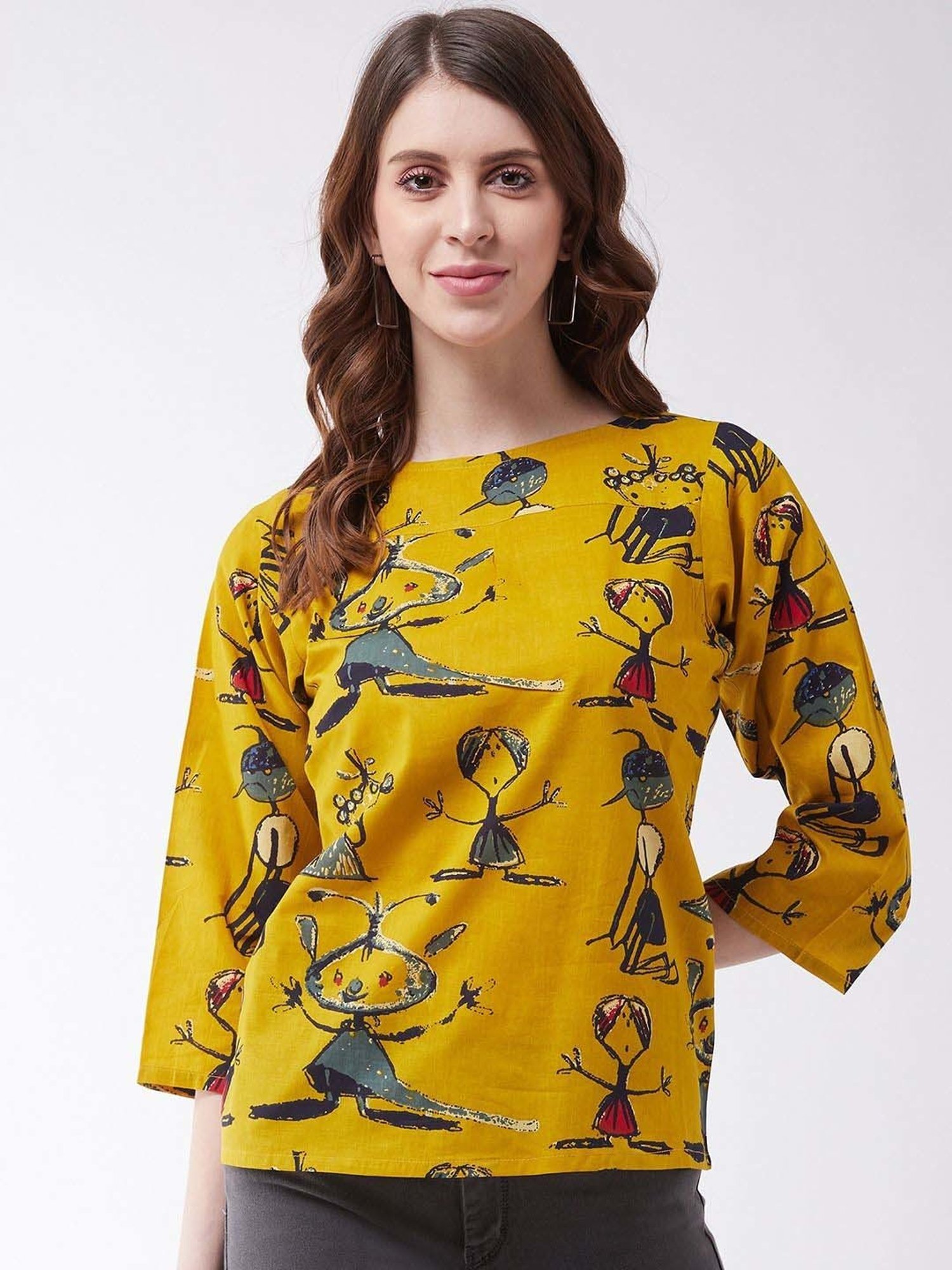 Inweave Yellow Cotton Printed Top