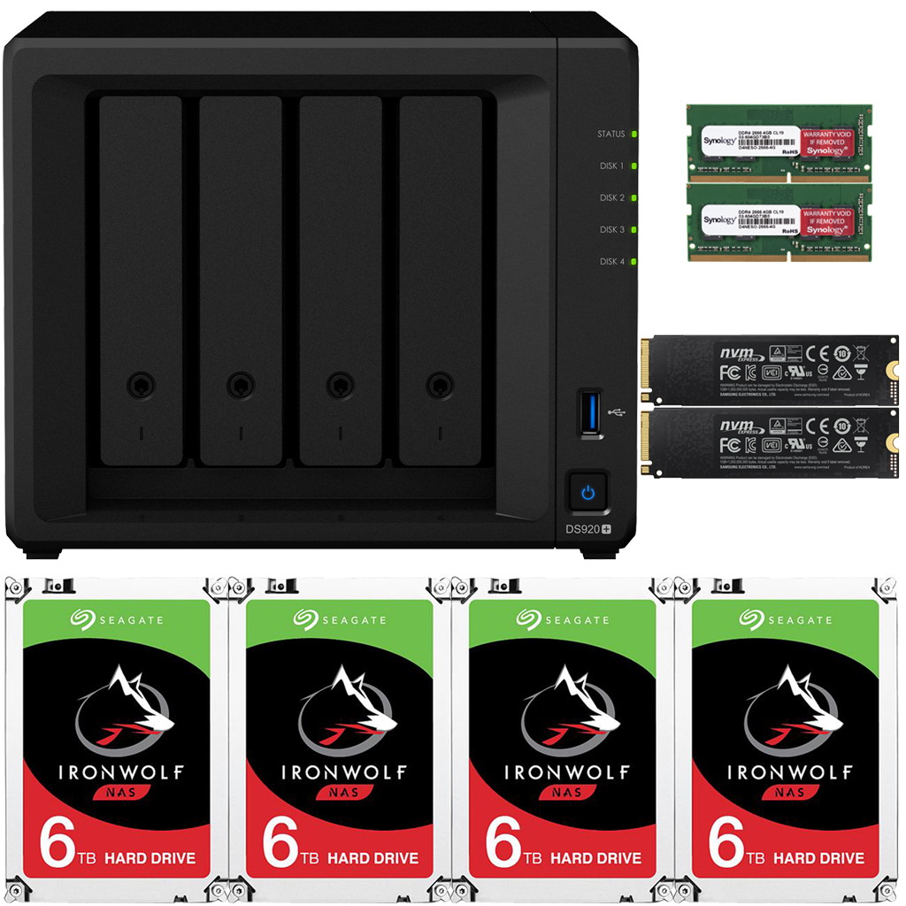 Synology DS920+ DiskStation with 4GB RAM and 24TB (4 x 6TB) of Seagate Ironwolf NAS Drives and 2TB (2x1TB) NVMe Cache Fully Assembled and Tested By CustomTechSales