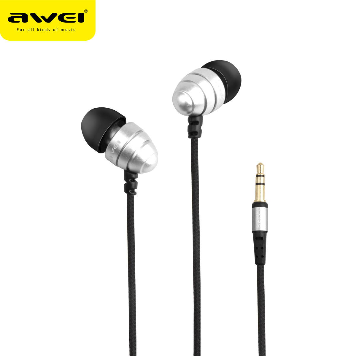 AWEI ESQ2 Fashionable Deisgn Metal 3.5MM Plug Stereo Music Deep Bass In-Ear Earphones with Microphone for Mobile Phones