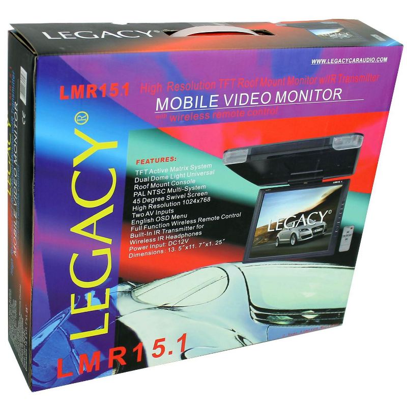 LEGACY LMR15.1 15 Inch LCD TFT Car/SUV/TRUCK Flip Down Roof Mount Widescreen Monitor w/ Remote Control & Built In Transmitter for Wireless Headphones