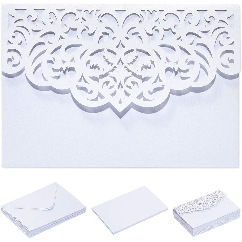 Pipilo Press 24-Pack Laser Cut White Lace Invitations Cards with Envelopes for Wedding Bridal Shower, 7x5 in