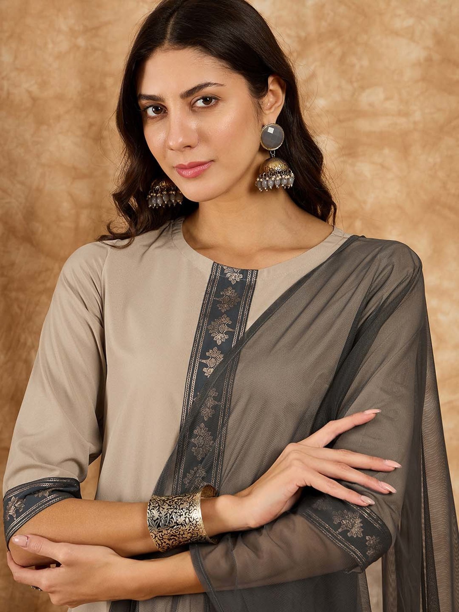 Ziyaa Beige & Grey Printed Kurta With Palazzo & Dupatta