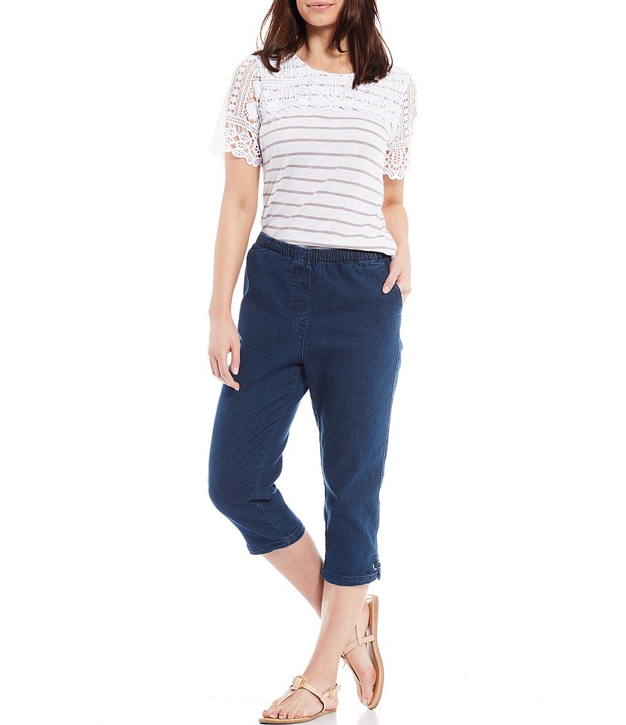 Allison Daley Petite Size Stretch Denim Silver Ring Hem Detail Pull-On Capri