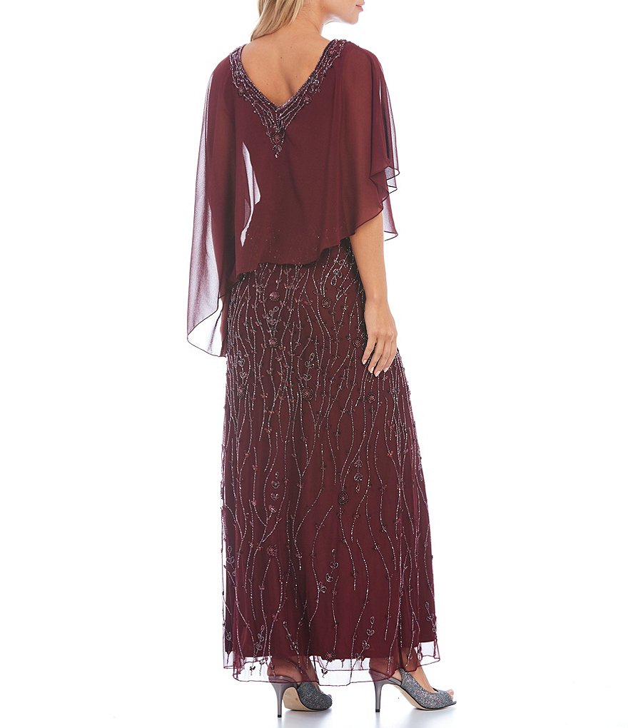 Jkara Petite Size V-Neck Beaded 3/4 Capelet Sleeve Popover Gown